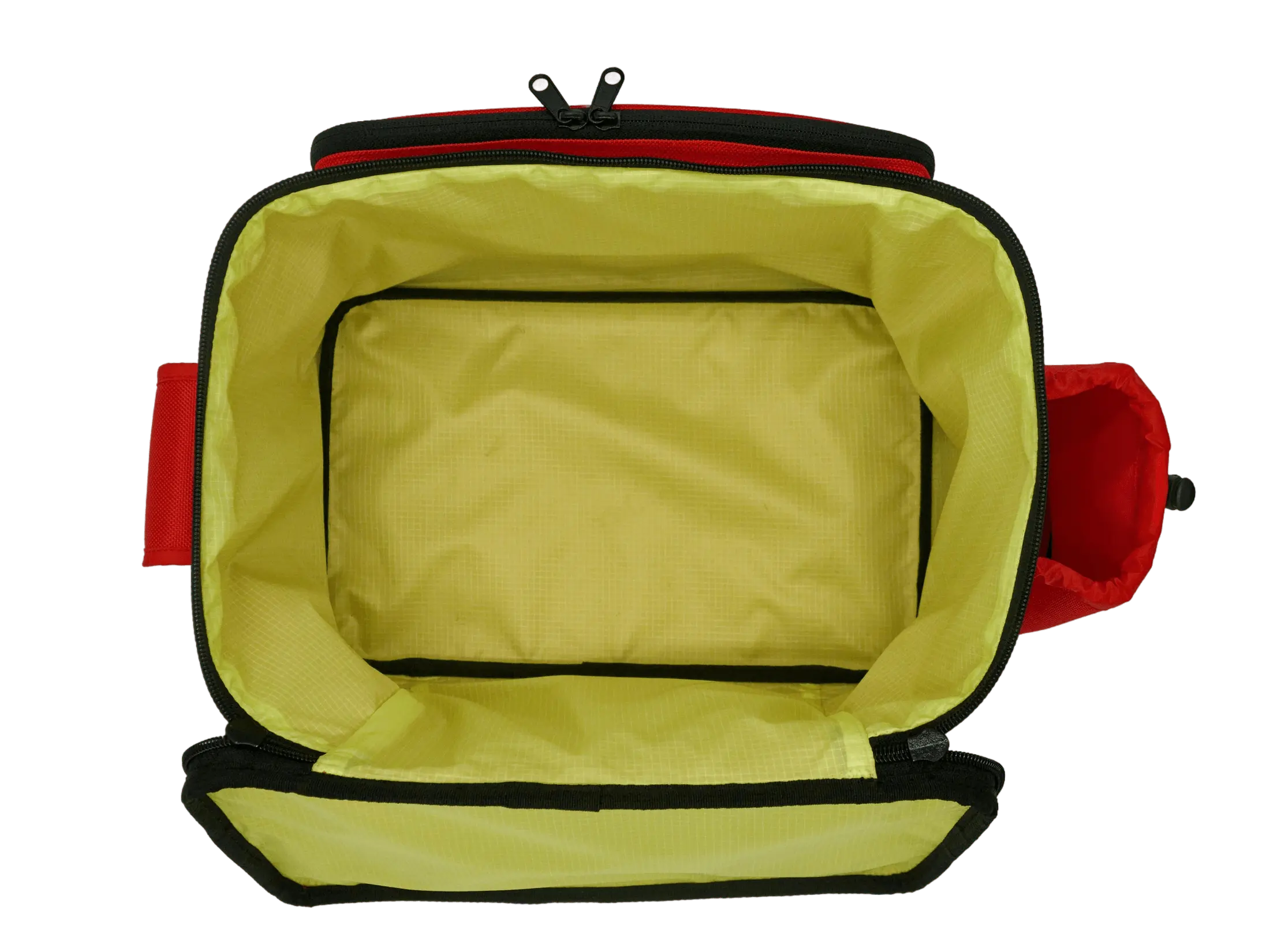 Top-down view of the open main compartment showing the high-visibility yellow-green lining and a flat interior pocket