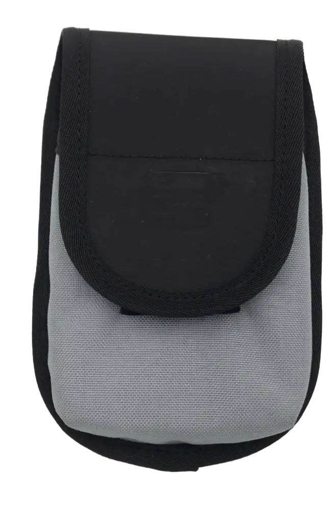 Three-quarter view of the closed phone pouch with the hook-and-loop flap folded down over the grey padded body and black trim