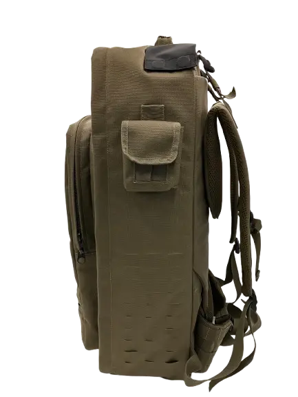 Left side of the olive green tactical backpack showing MOLLE webbing rows, zippered side pocket, and padded shoulder strap
