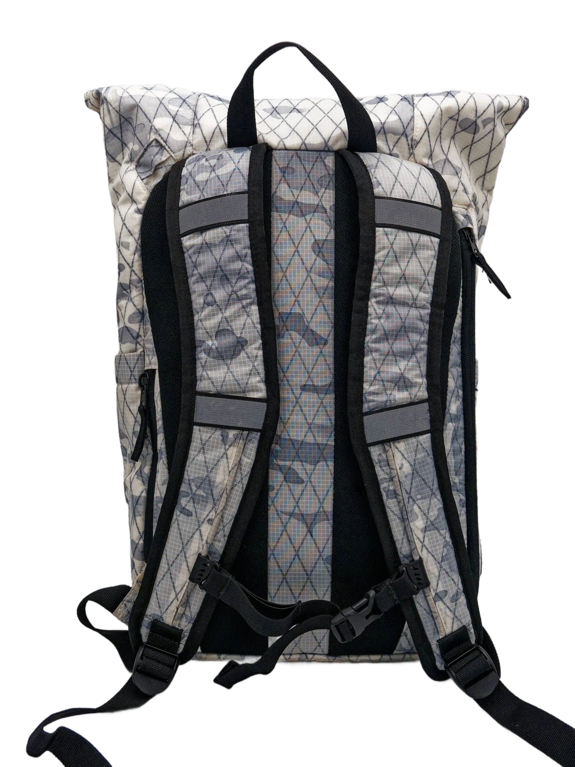 Rear view of the arctic camouflage X-Pac backpack with a padded camo back panel, padded shoulder straps, and chest strap buckles