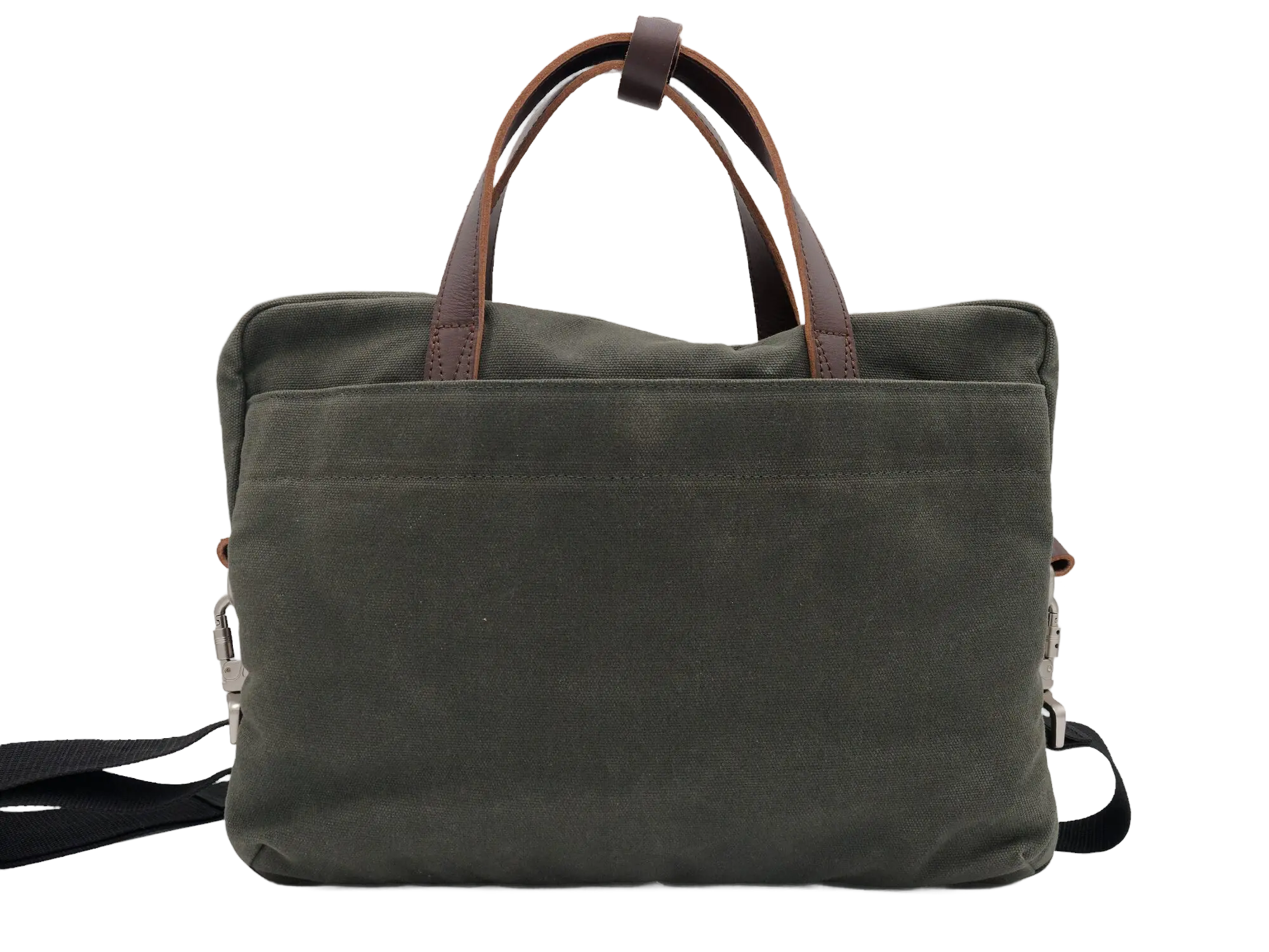 Rear view of the green waxed canvas messenger bag showing clean back panel, brown leather handles, and shoulder strap clip attachments