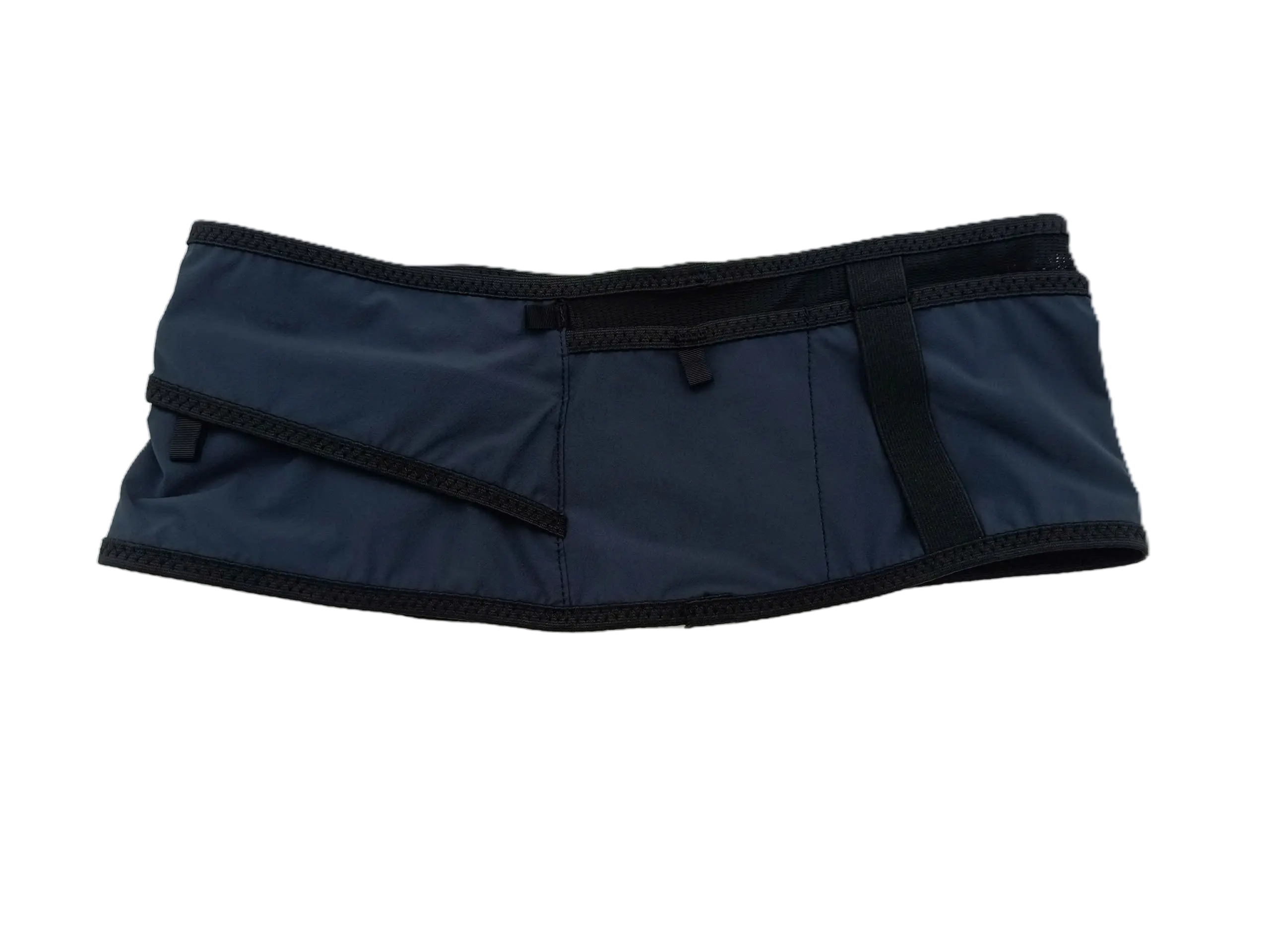 Front view of the navy blue trail running belt with two pocket openings, vertical black webbing divider, and Velcro closure