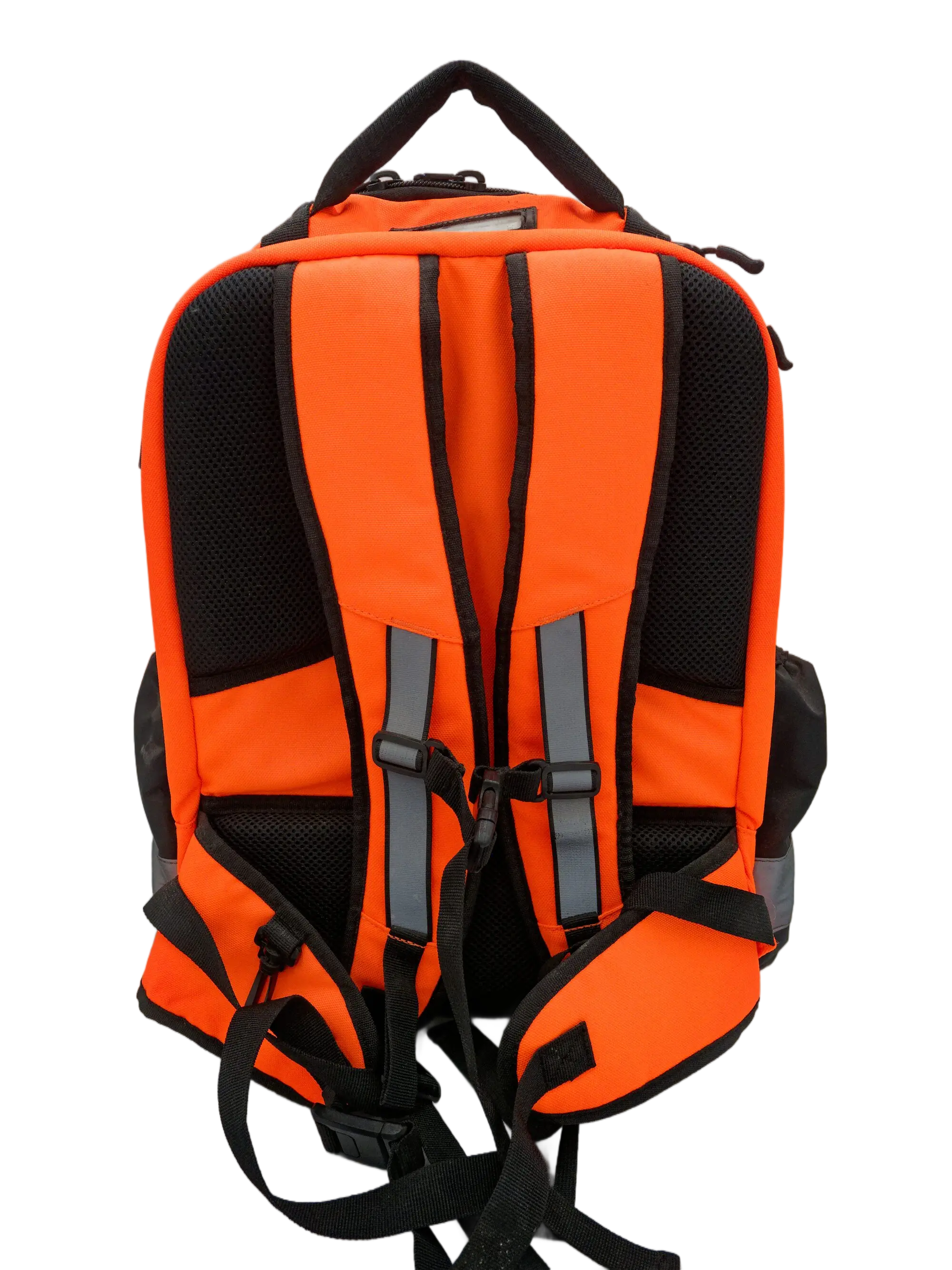 Back panel of the orange rugged backpack showing padded shoulder straps, mesh ventilation zones, and a sternum strap