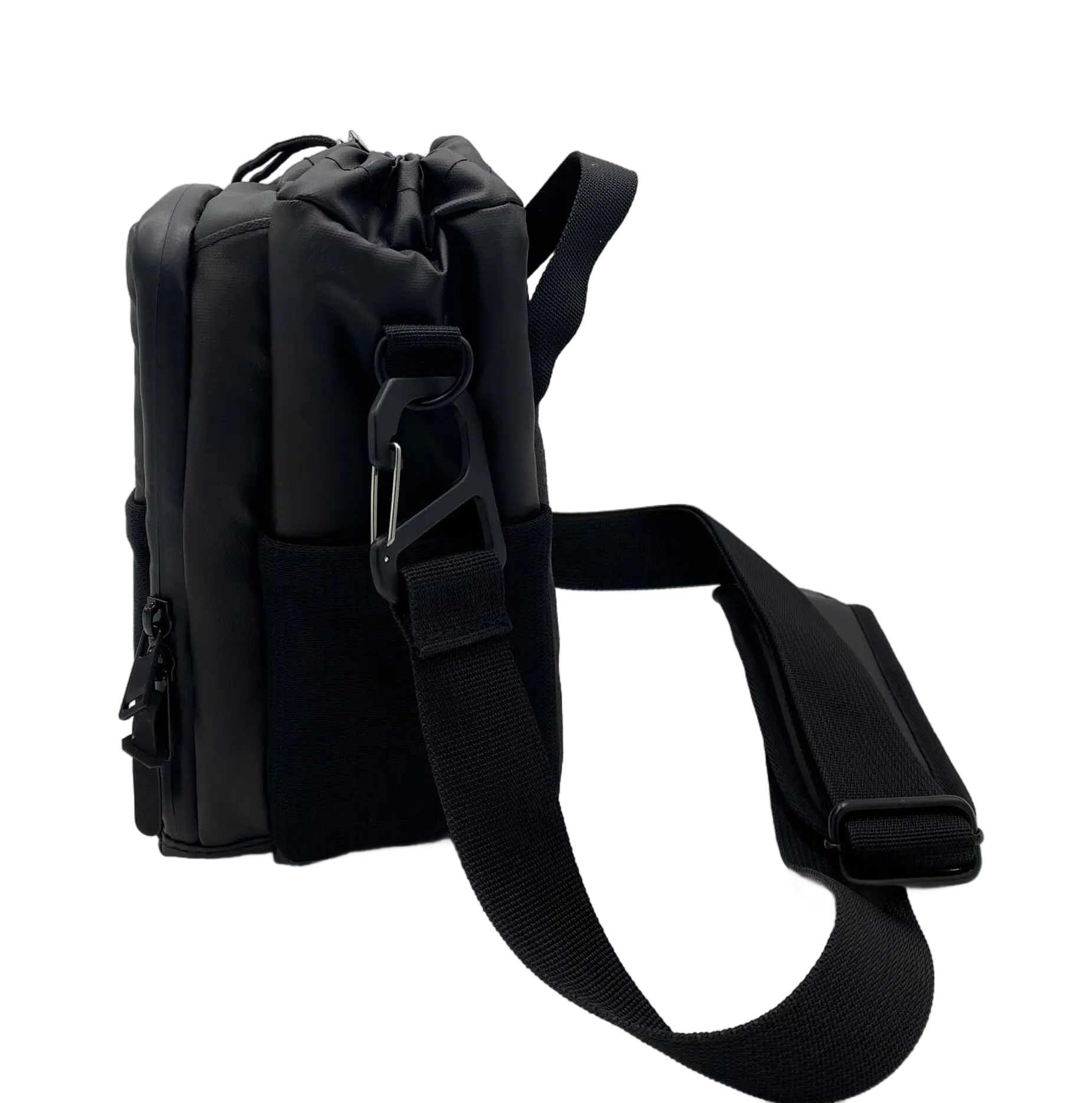 Side view of the black shoulder bottle bag showing carabiner clip, D-ring, and adjustable strap hardware