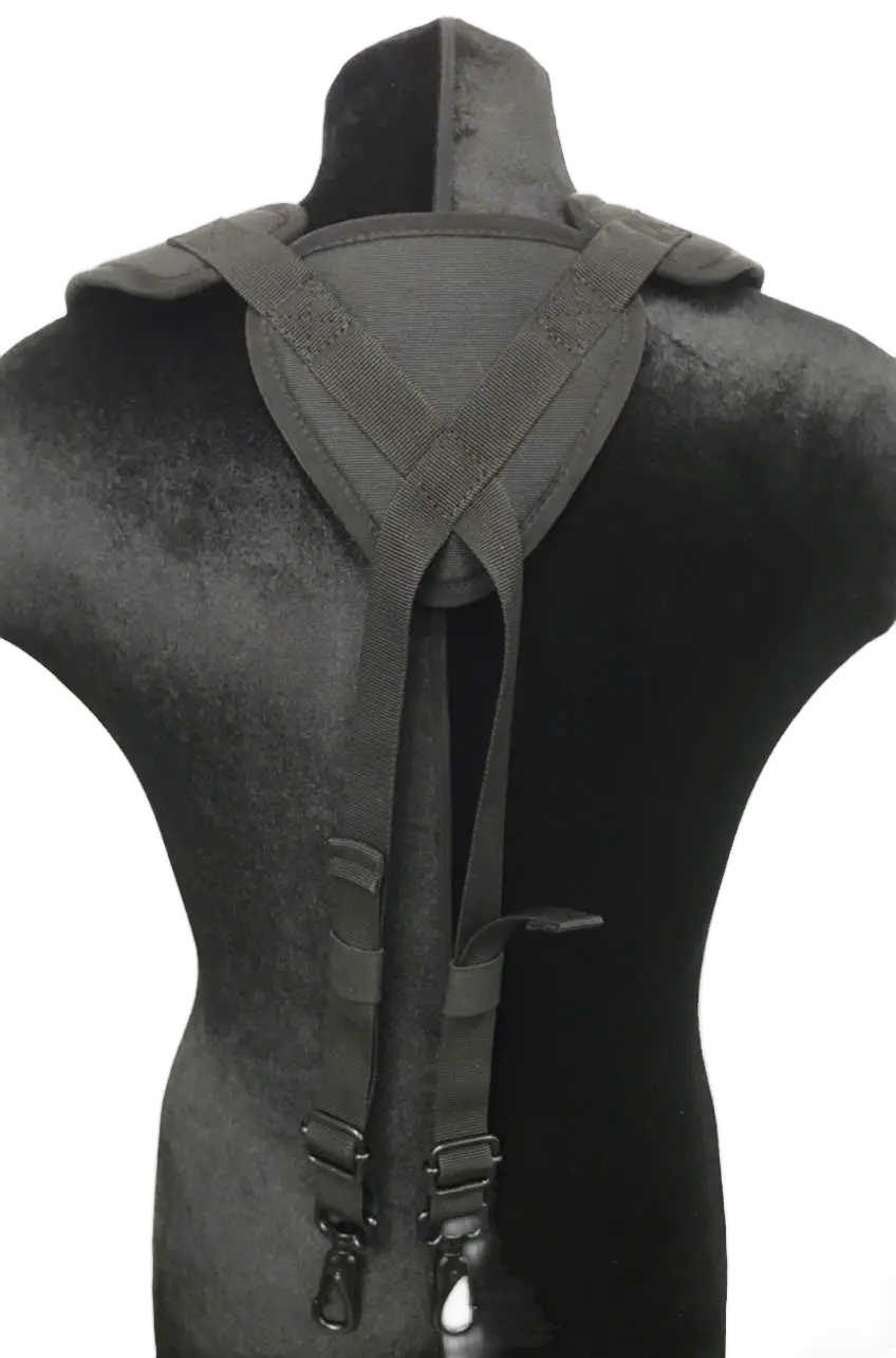Rear view of the suspender system on a mannequin showing the Y-shaped yoke, crossed back straps, and lower clip connection points