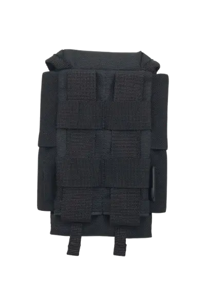 Rear view of the black device holster showing multi-row webbing attachment system for belt or strap mounting
