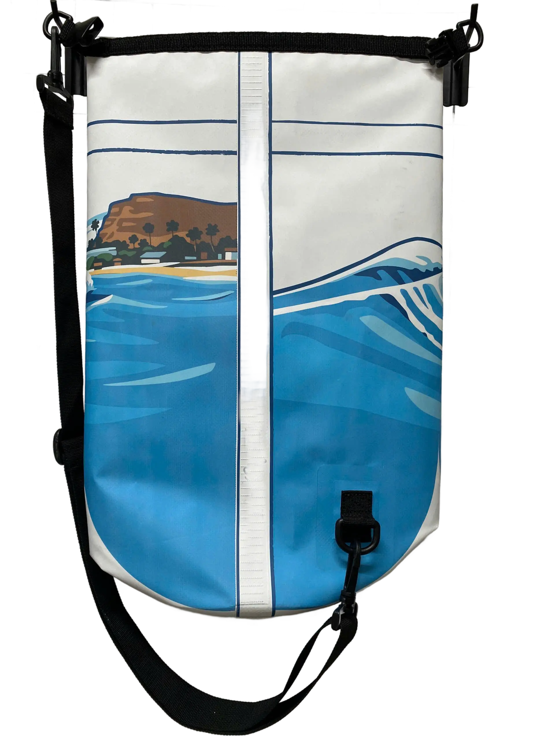 Rear view of the white TPU dry bag showing center seam, coastal cliff print, and bottom clip attachment