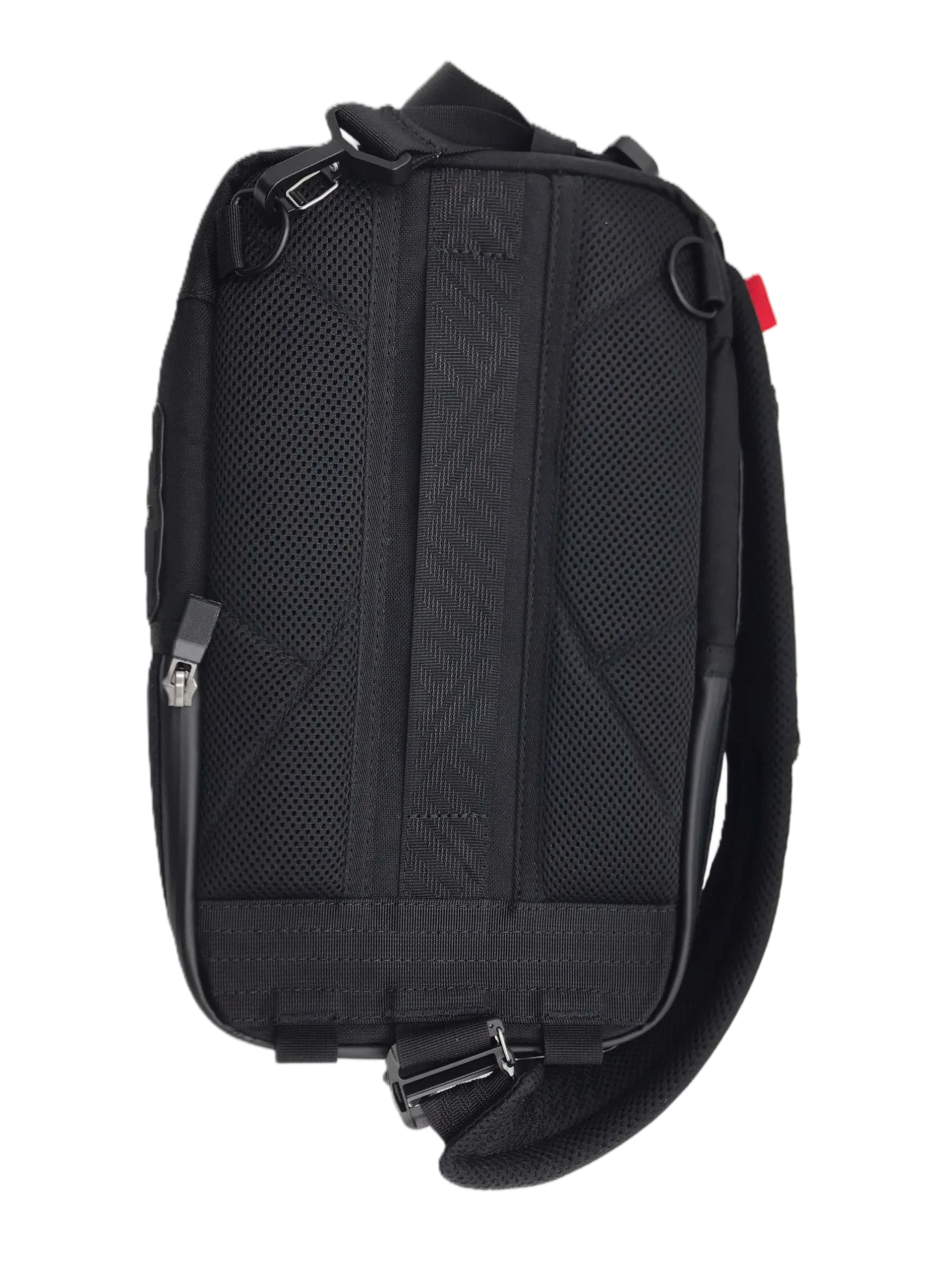 Rear view of the black sling organizer showing a breathable mesh back panel and strap routing hardware