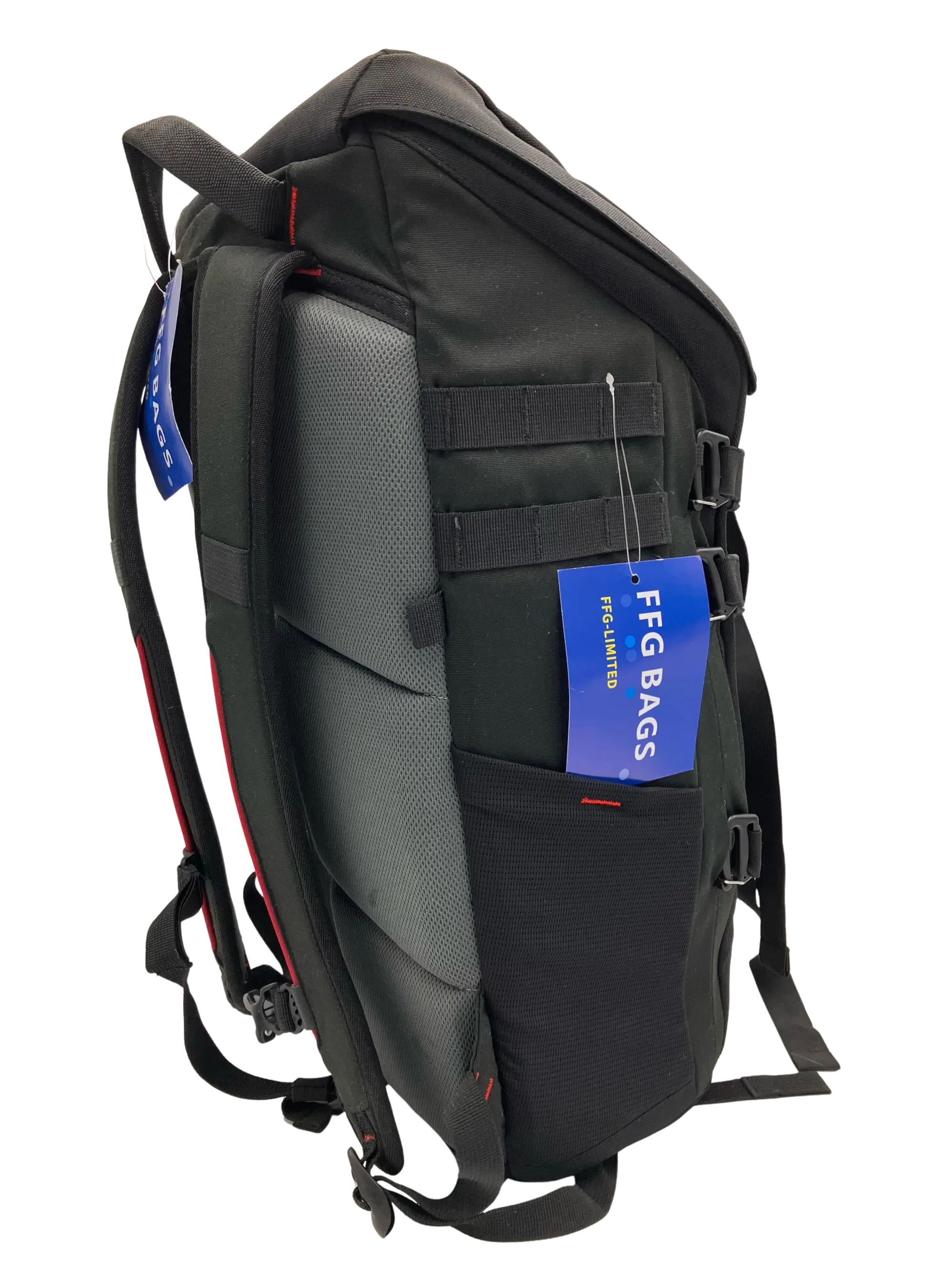 Left side view of the tactical backpack showing breathable back panel, padded straps, and FFG Bags hangtag