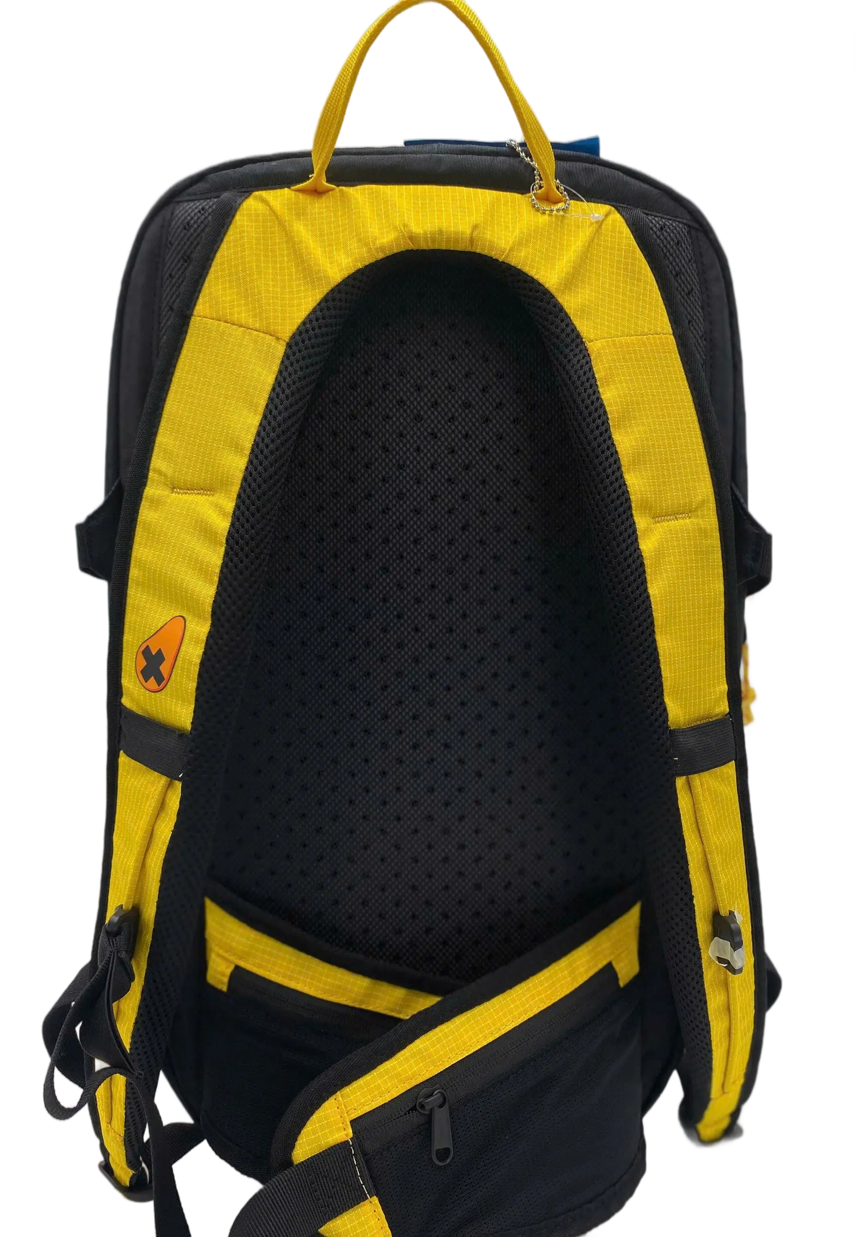 Back panel of the golden trail backpack showing padded mesh suspension, yellow frame, top carry handle, and FFG Bags hang tag