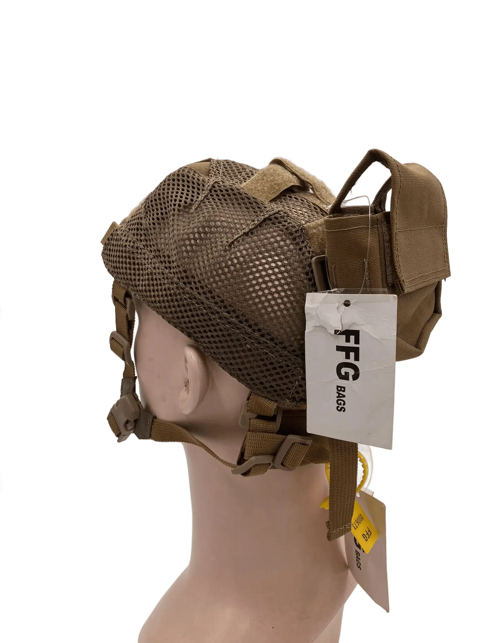Rear three-quarter view of the tan head mount on a mannequin, FFG Bags hang tag visible, mesh crown and battery pouch shown