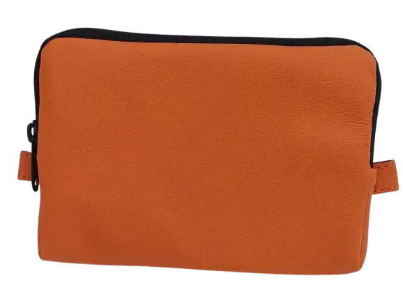 Front face of the orange leather organizer pouch with a single zip closure and pebbled leather texture
