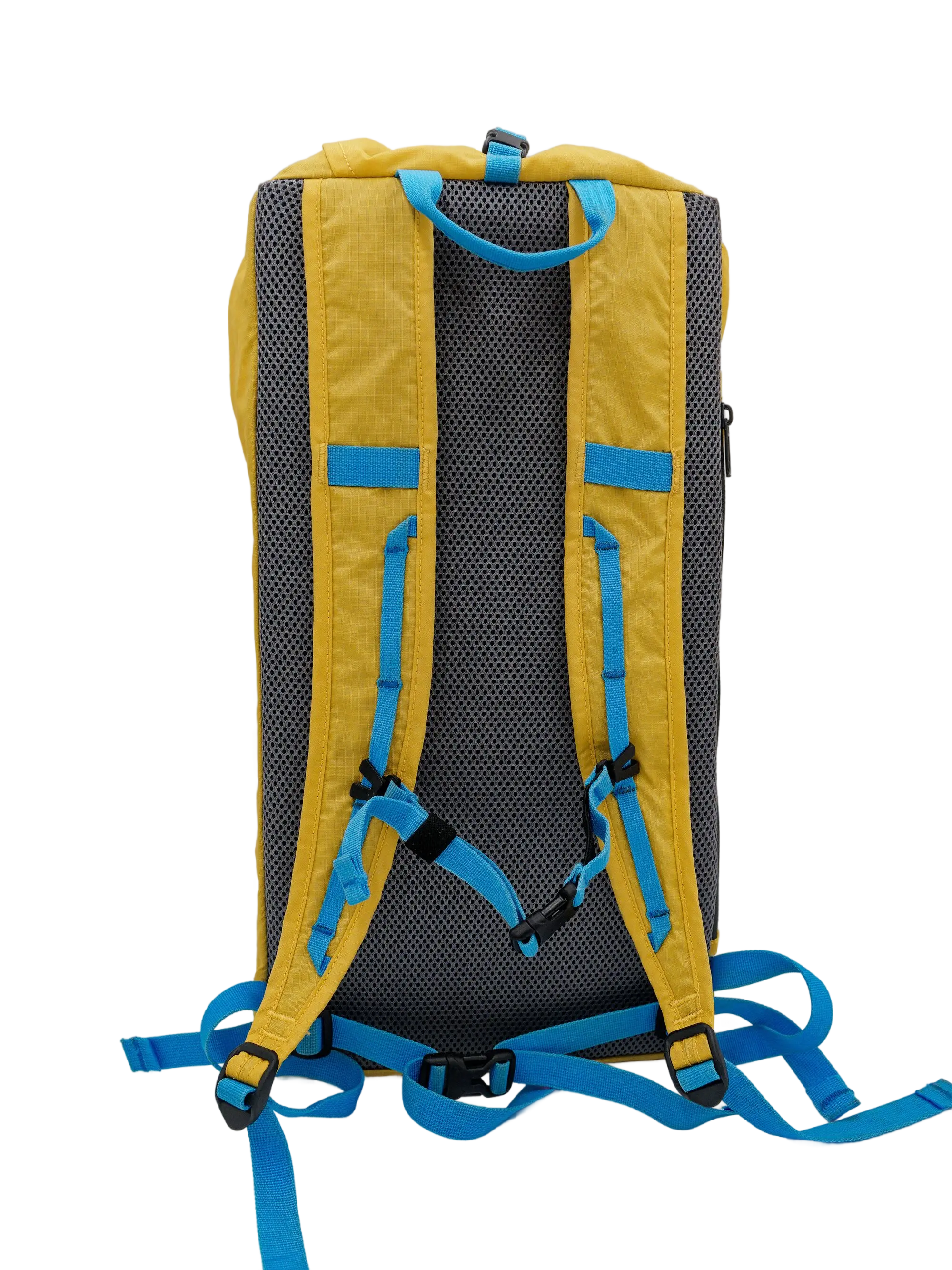 Rear view of the yellow ripstop trail pack showing dark mesh back panel, blue padded shoulder straps and waist belt buckle