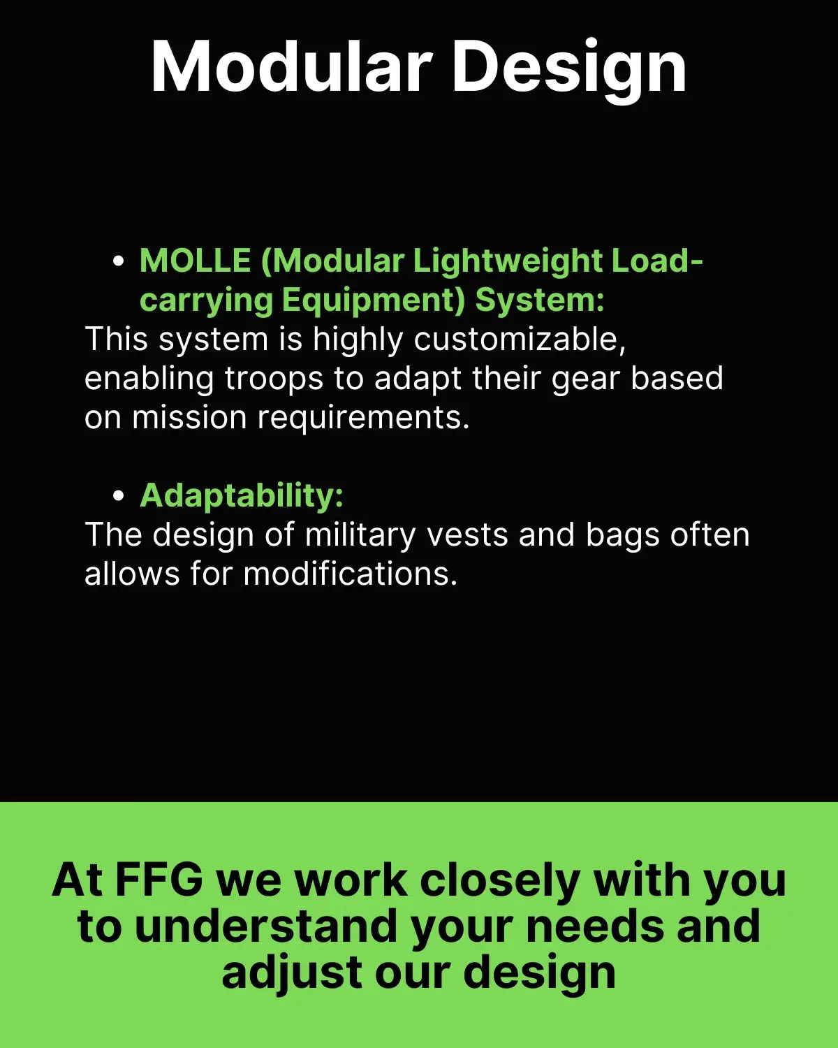 'Modular Design' slide explaining MOLLE system customization and adaptability for mission-specific military equipment configuration