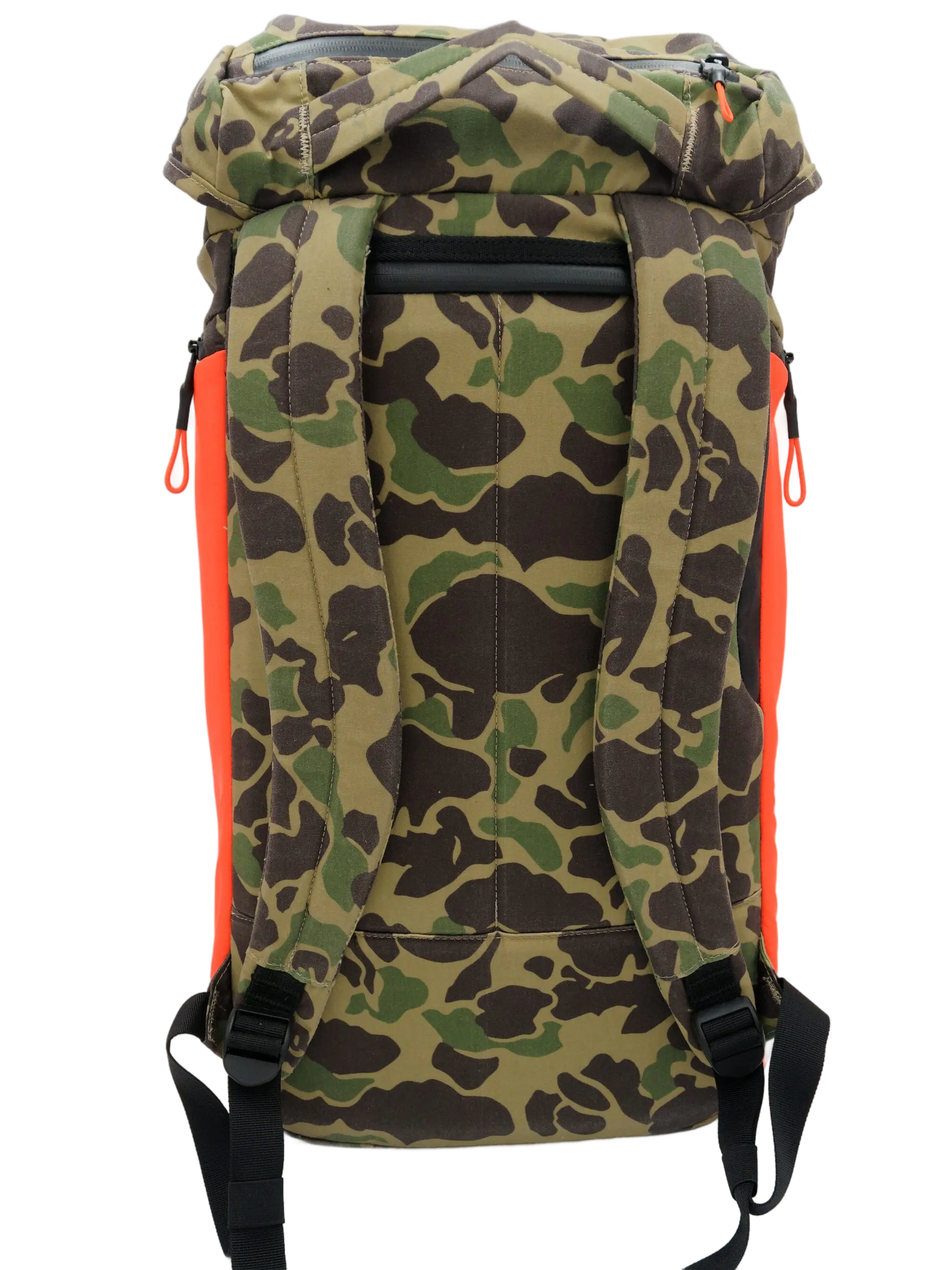 Rear view of the camo waxed canvas backpack with padded back panel, shoulder straps, and orange side pockets