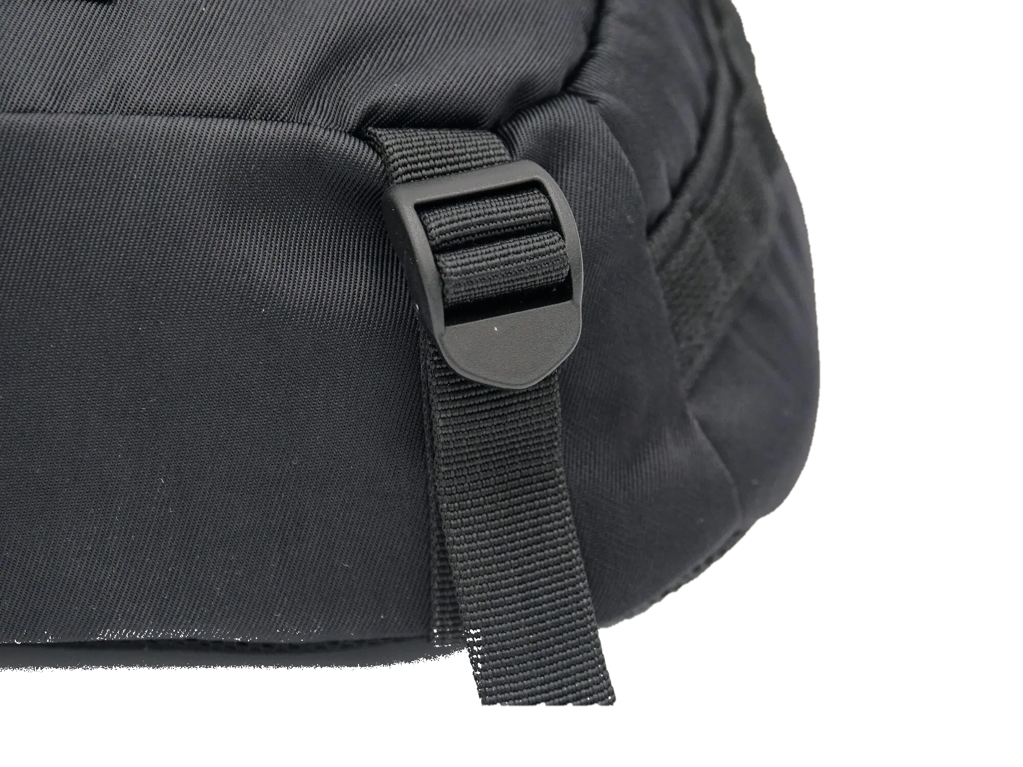 Close-up of the black plastic quick-release side buckle and nylon webbing strap on the dark grey waist bag