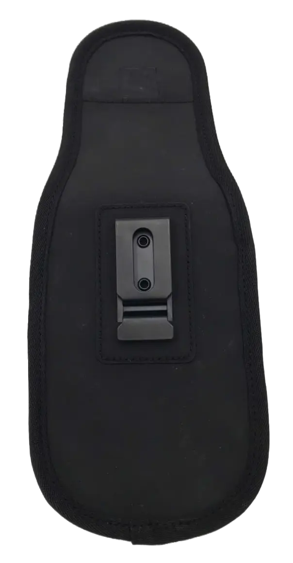 Rear view of the black padded phone pouch showing the rigid belt clip attachment centered on the back panel