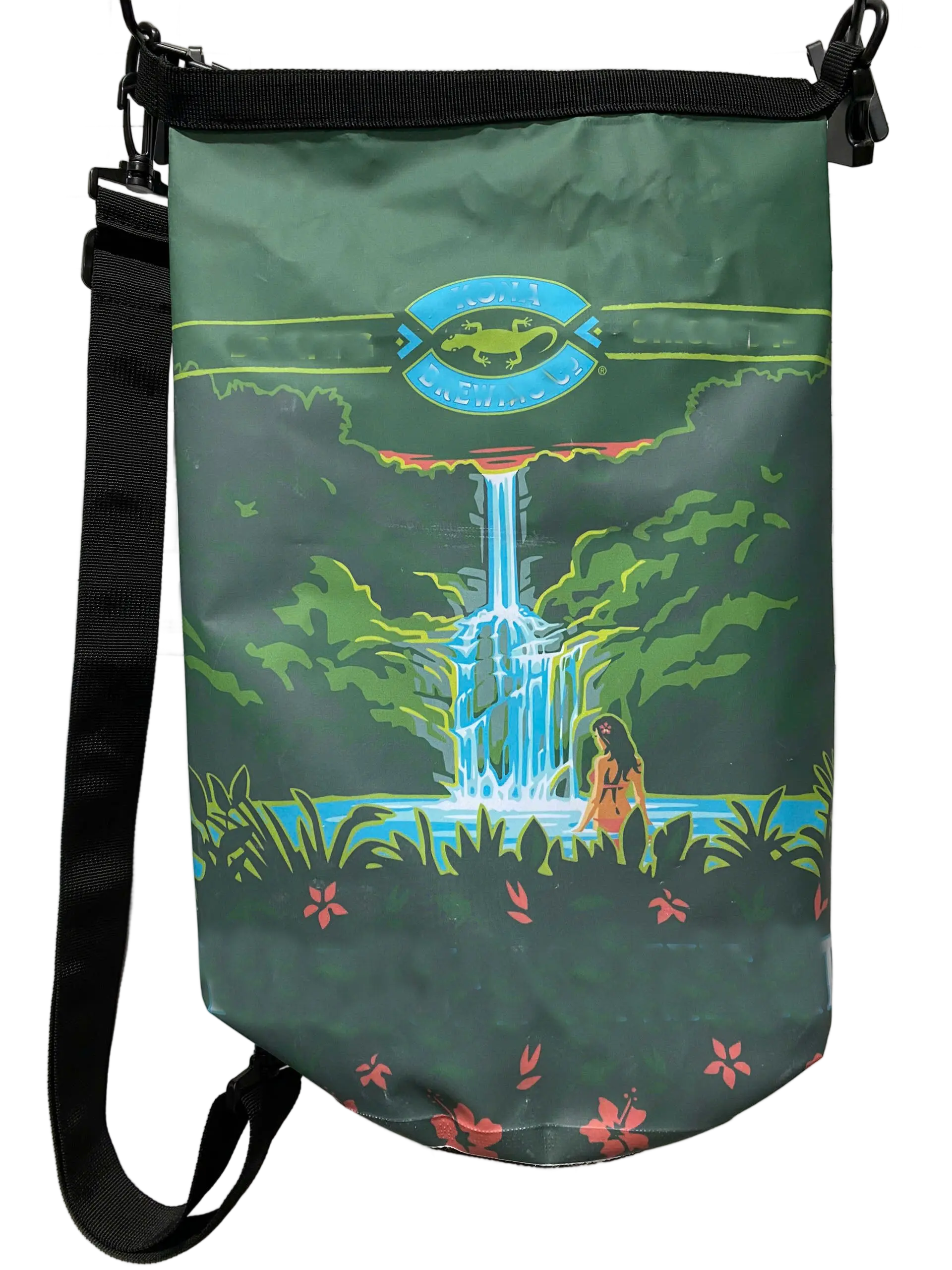 Front view of the dark green TPU dry bag with tropical waterfall and jungle scene print, roll-top closure and shoulder strap