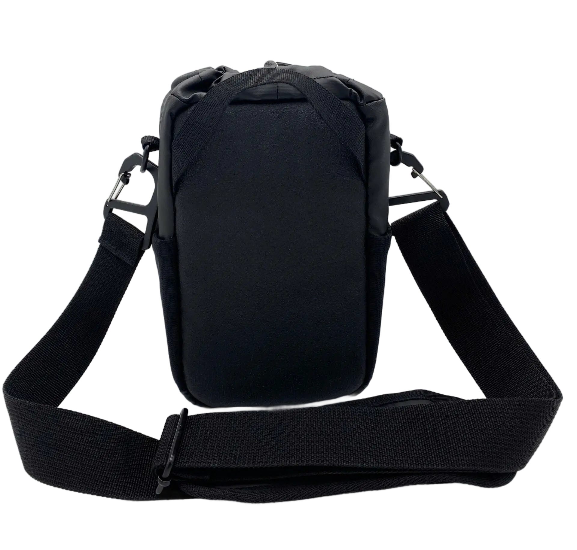 Rear view of the black shoulder bag showing the flat magnetic back panel and padded adjustable shoulder strap