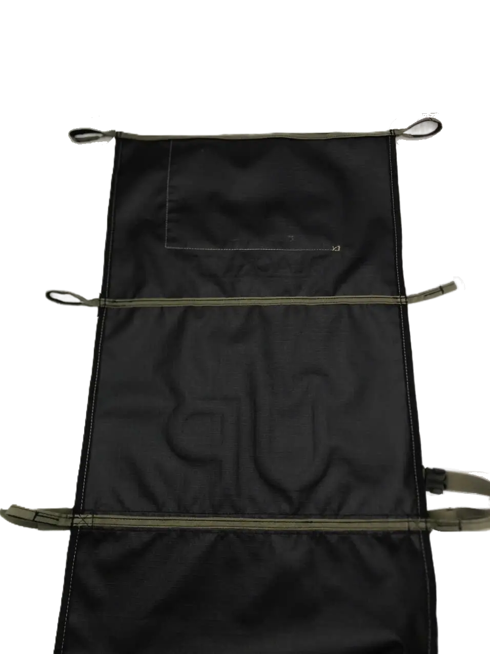 Rear view of the black ripstop stretcher laid flat, showing reinforced side loops and olive carry handles