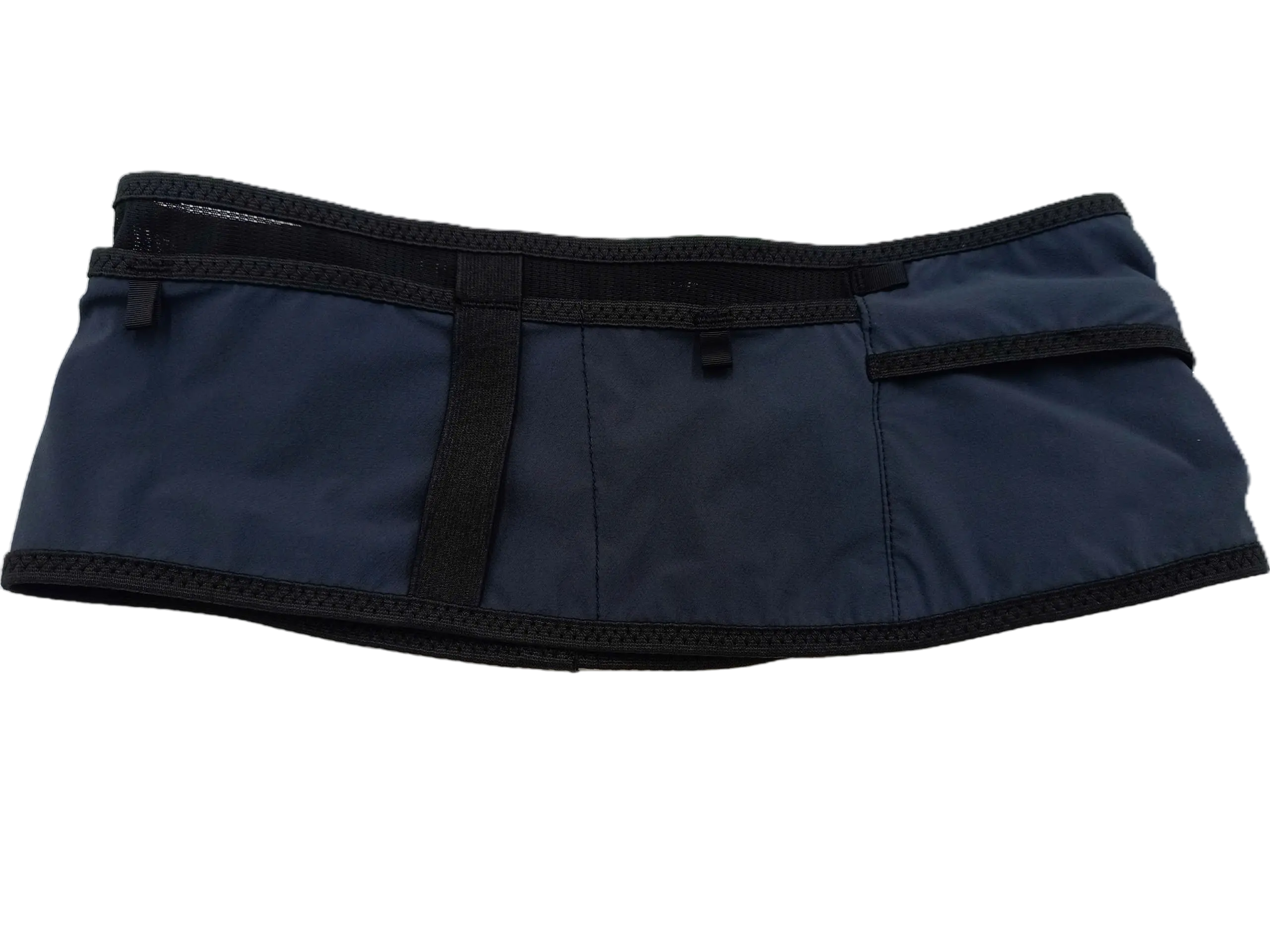 Three-quarter front view of the navy blue storage belt with dual pockets, black webbing dividers, and pull tab closures