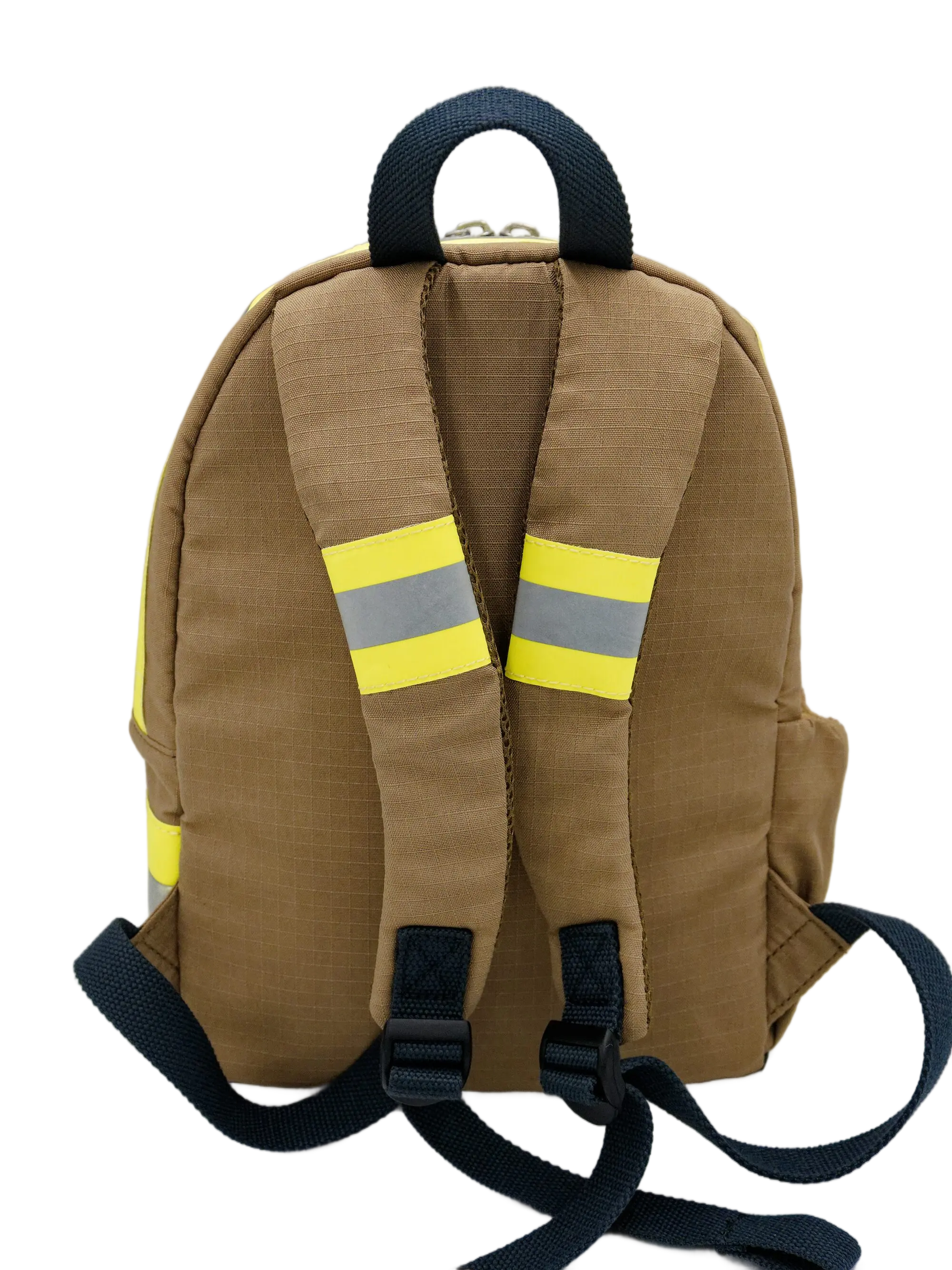 Rear view of the brown fireproof backpack with padded shoulder straps bearing 3M reflective stripes and chest buckle