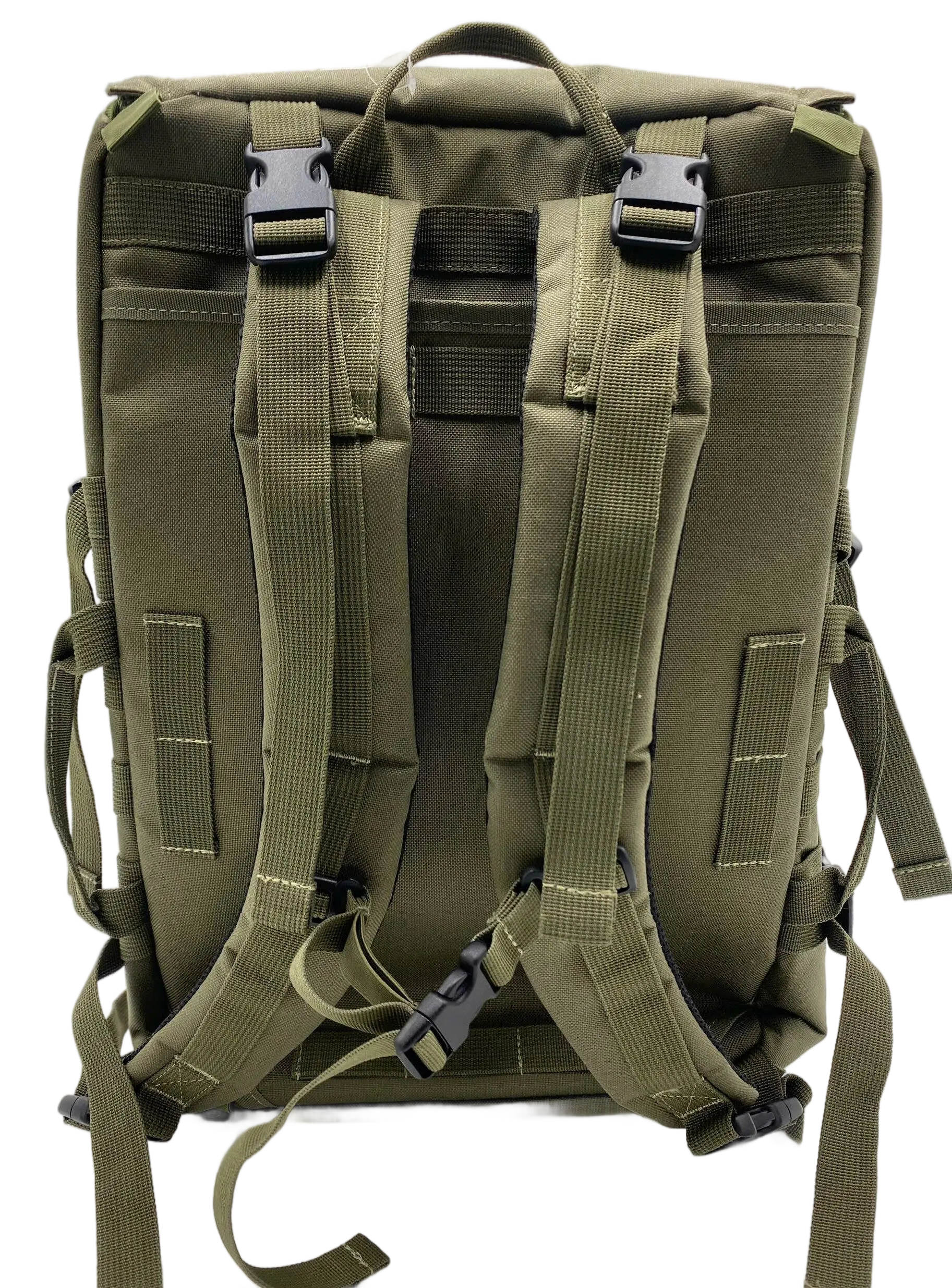 Rear view of the olive tactical backpack with padded shoulder straps, top carry handle, and lower waist strap buckle