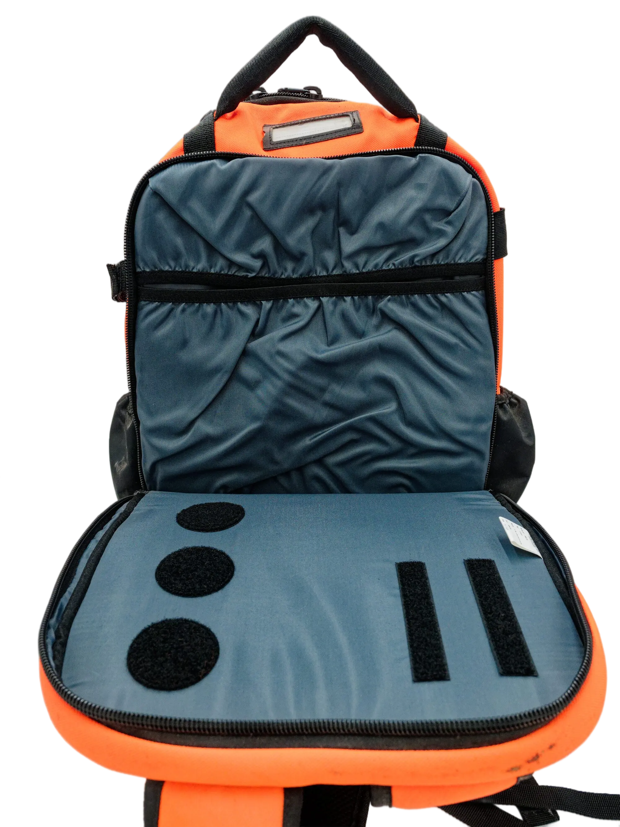 Open main compartment showing the removable grey tool holder insert with hook-and-loop organizer panels