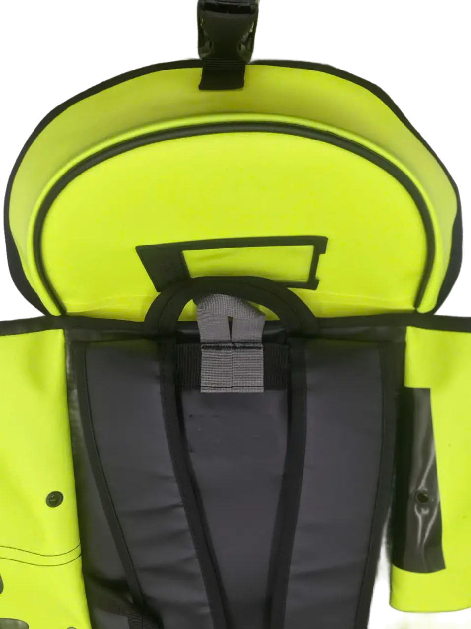 Top flap opened showing the structured black padded back panel and access to the main interior of the bag