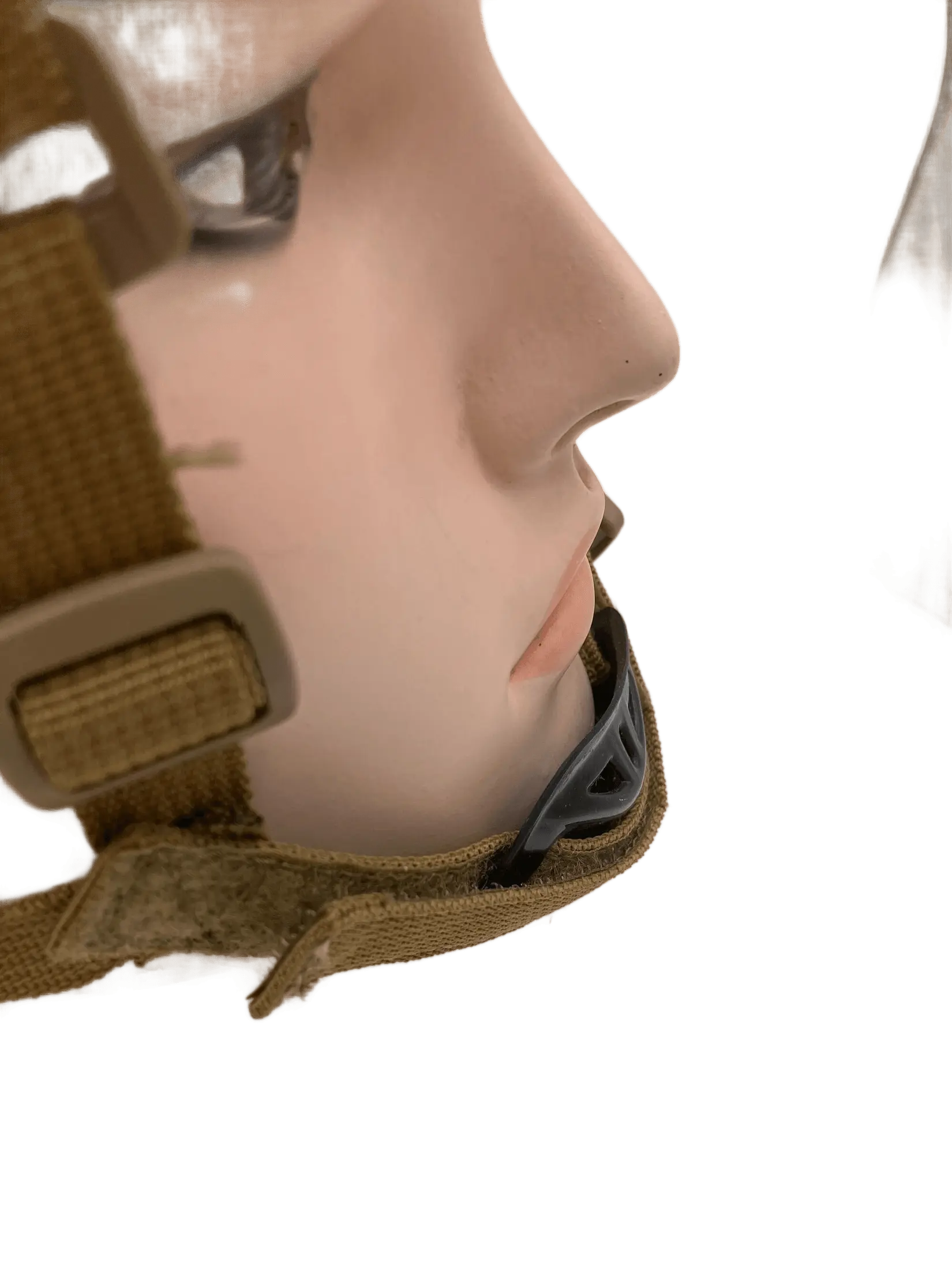 Close-up side profile of mannequin wearing the head mount, highlighting the tan chin strap with adjustable plastic buckle