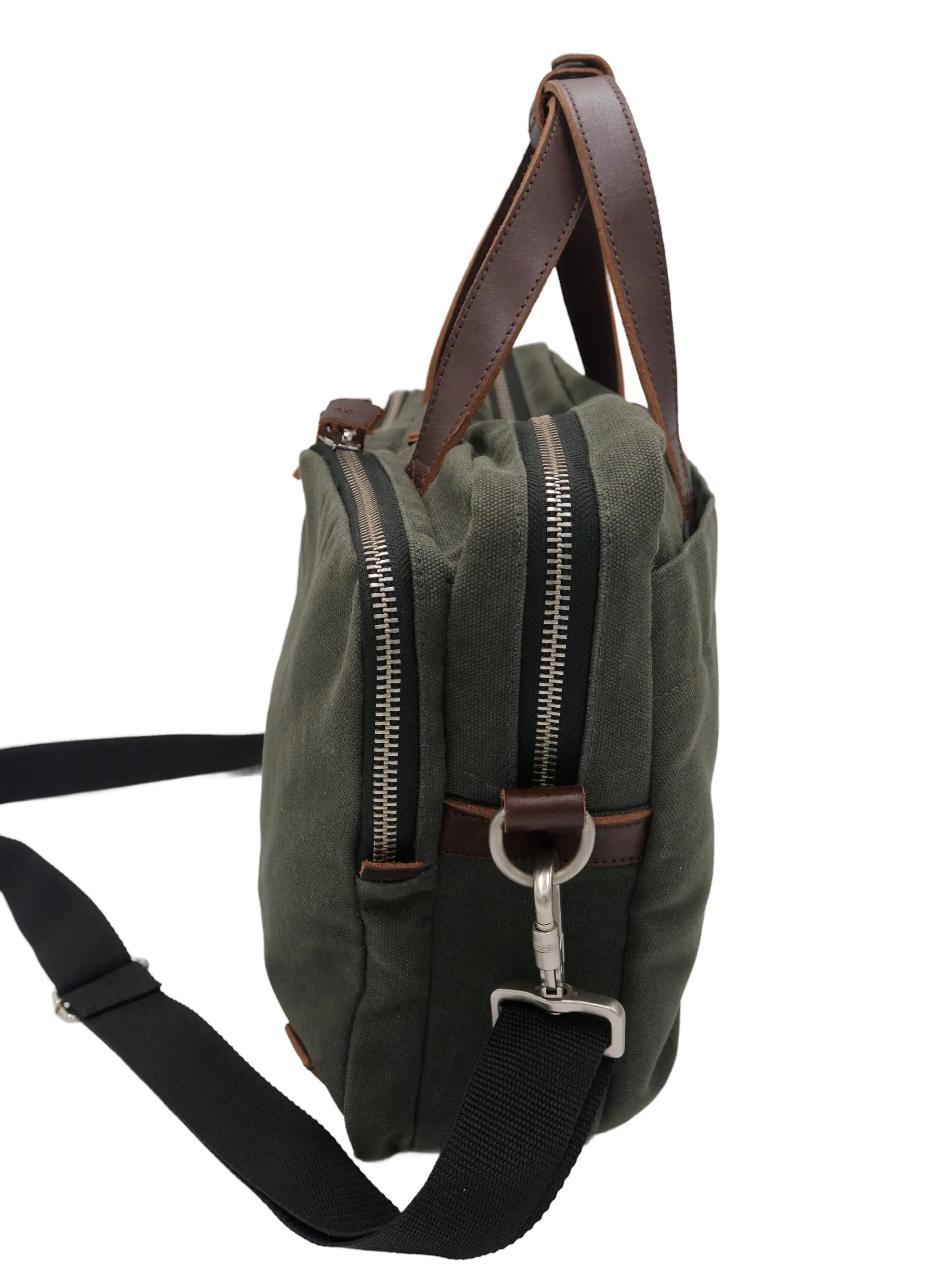 Side view of the messenger bag showing double zipper tracks along the gusset, leather handle, and metal shoulder strap clip