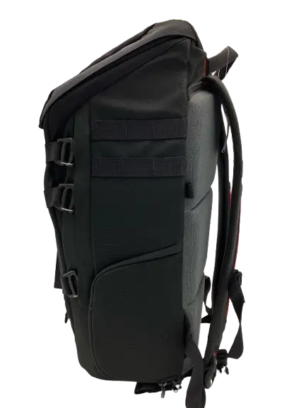 Right side profile of the tactical urban backpack showing MOLLE panel, side pocket and red accent stitching