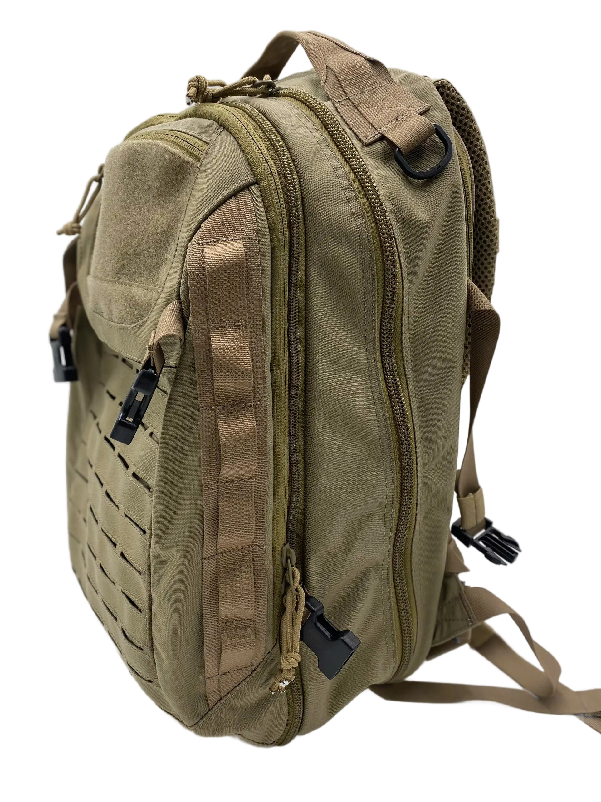 Left side view of the tan 20L tactical backpack with laser-cut MOLLE side panel, zippered compartments, and black hardware
