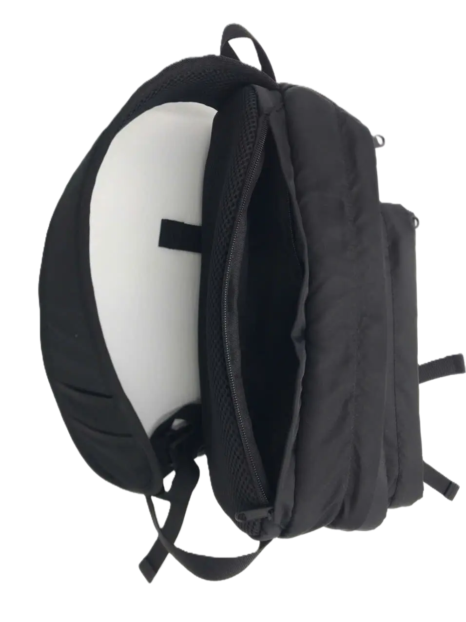 Top-down view of the open main compartment of the black sling pack with white padded lining and interior zipper pocket