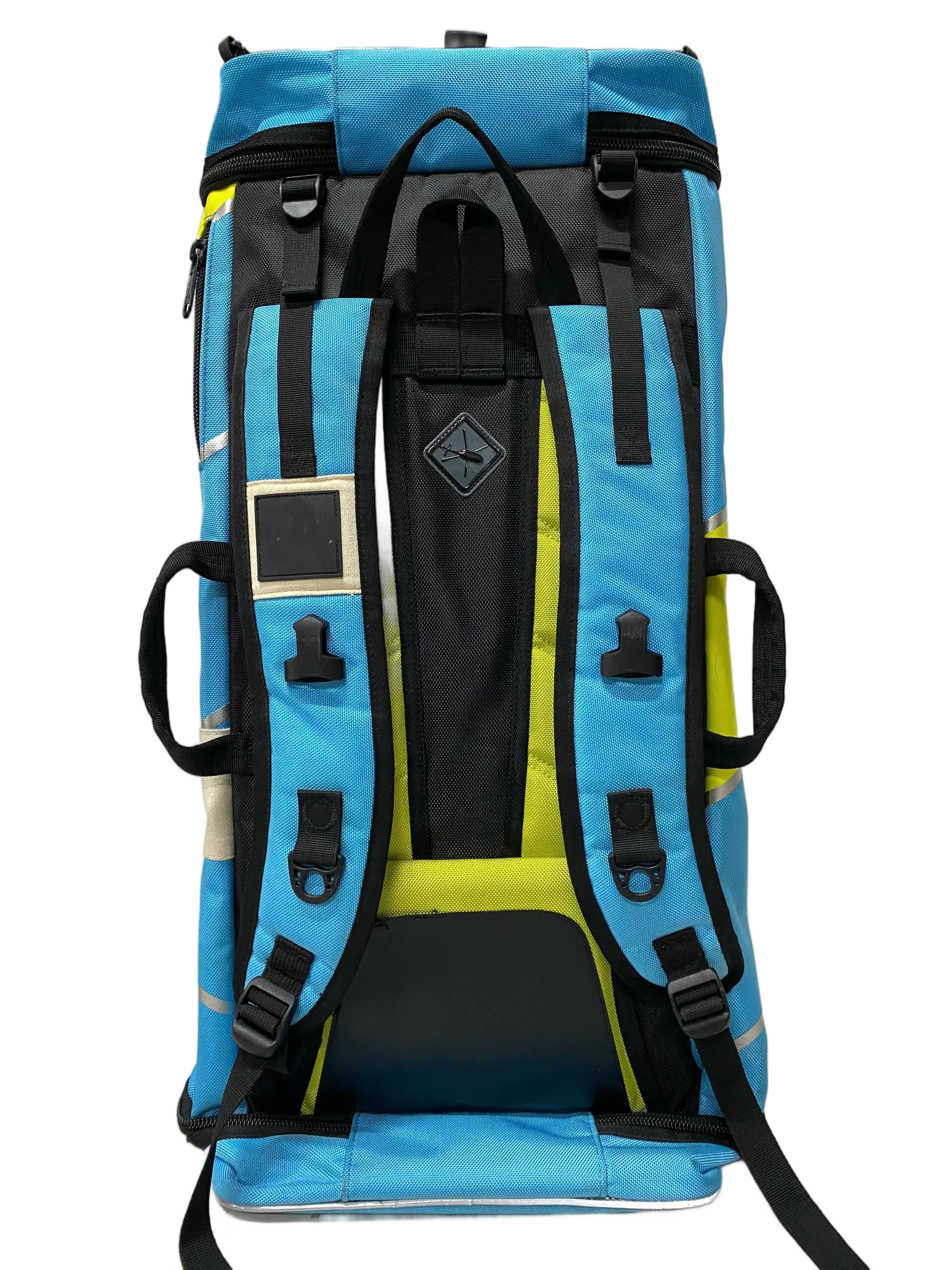 Rear view of the backpack showing ergonomic padded shoulder straps, MOLLE attachment points, and neon yellow center strip