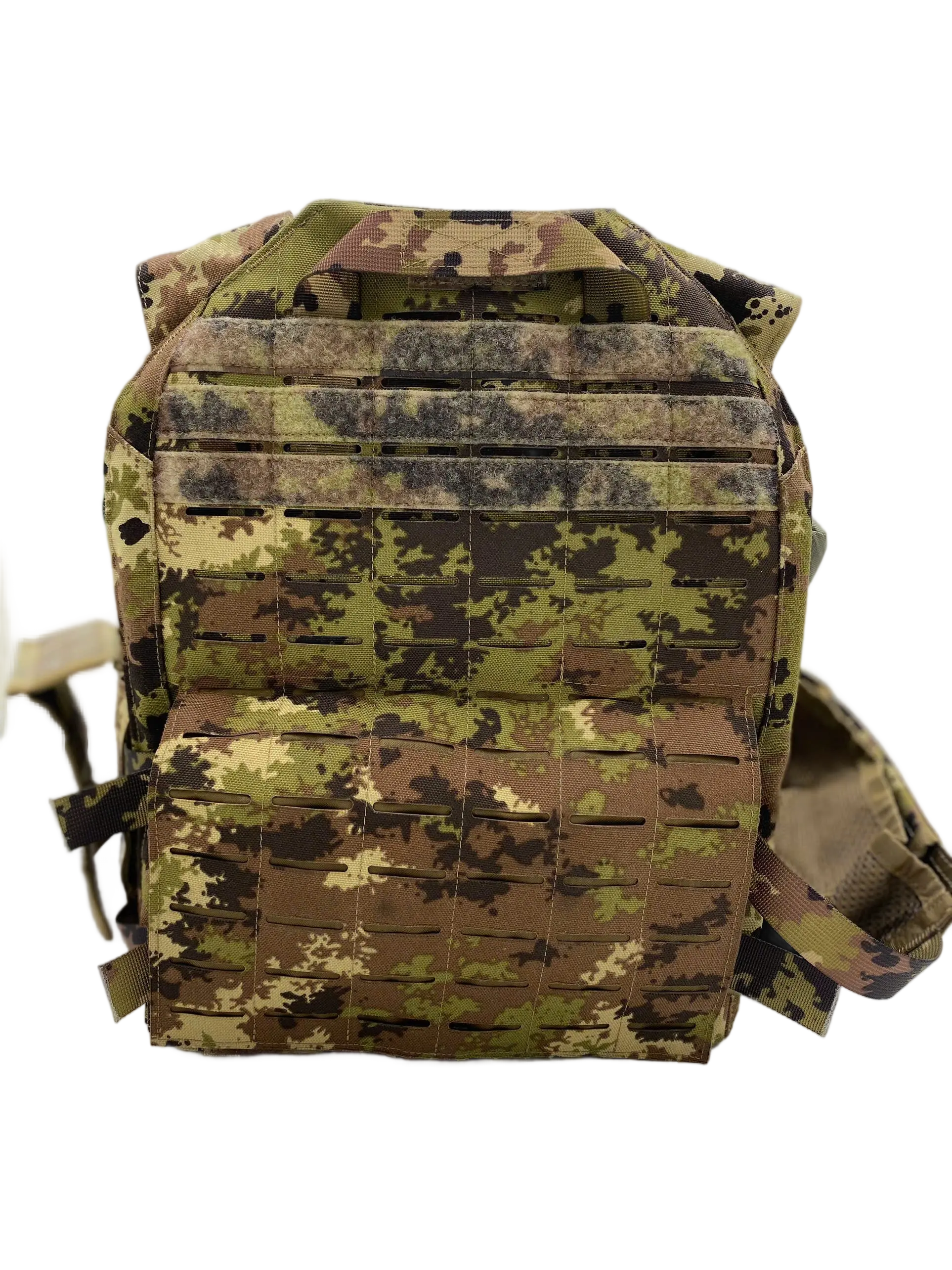 Rear view of the digital camo plate carrier showing the full laser-cut MOLLE grid panel covering the back plate bag