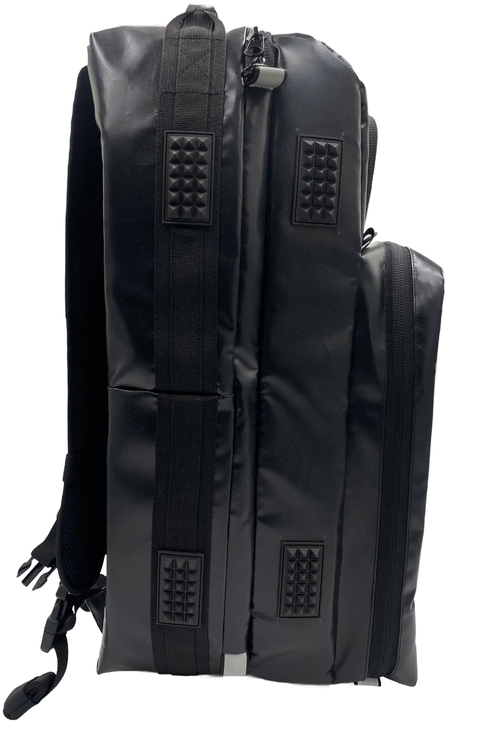 Front view of the black medical backpack with a vertical reflective grey stripe panel and front zip accessory pocket
