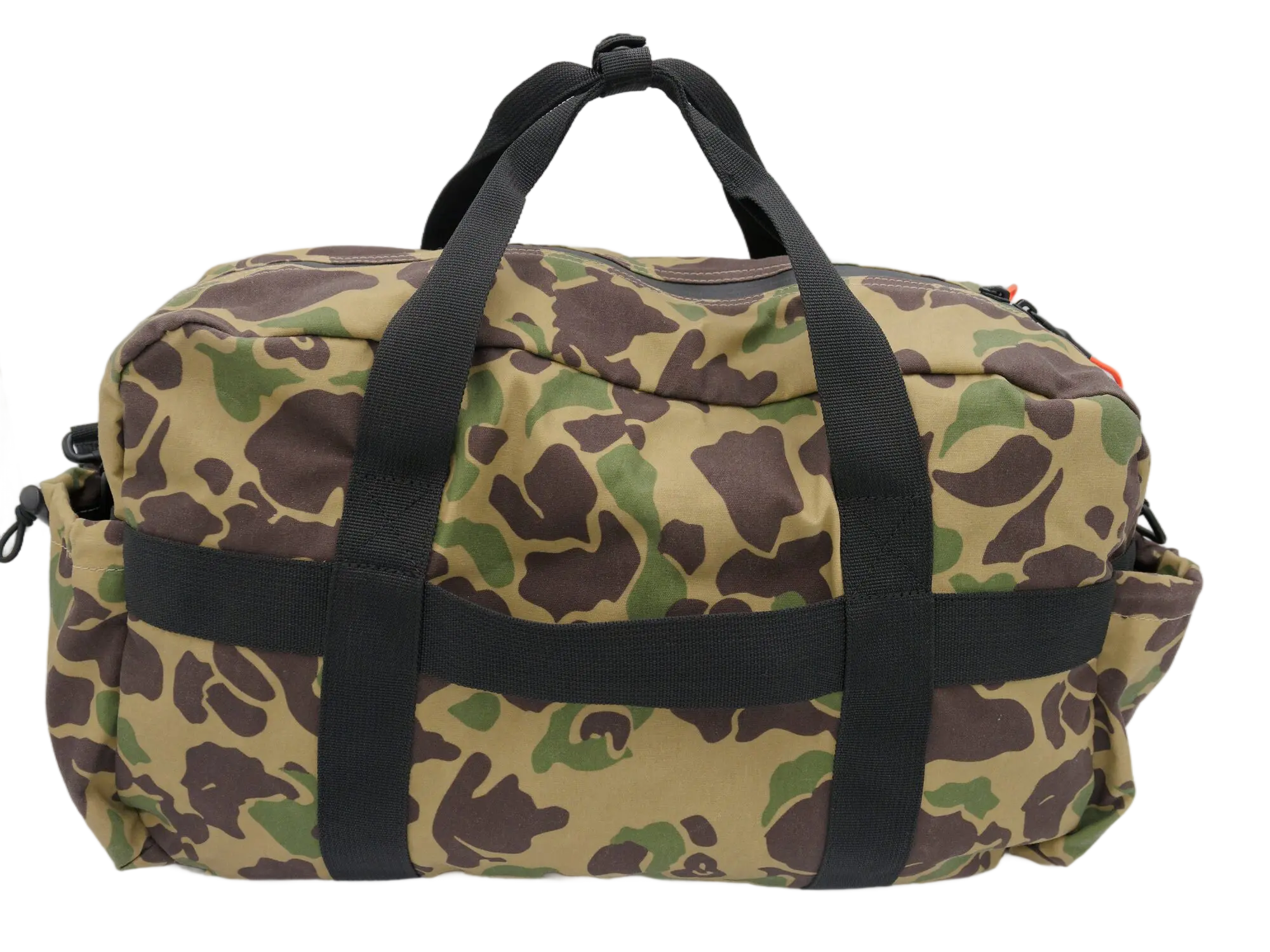 Side view of the camo duffle bag with padded black carry handles and black webbing reinforcement band