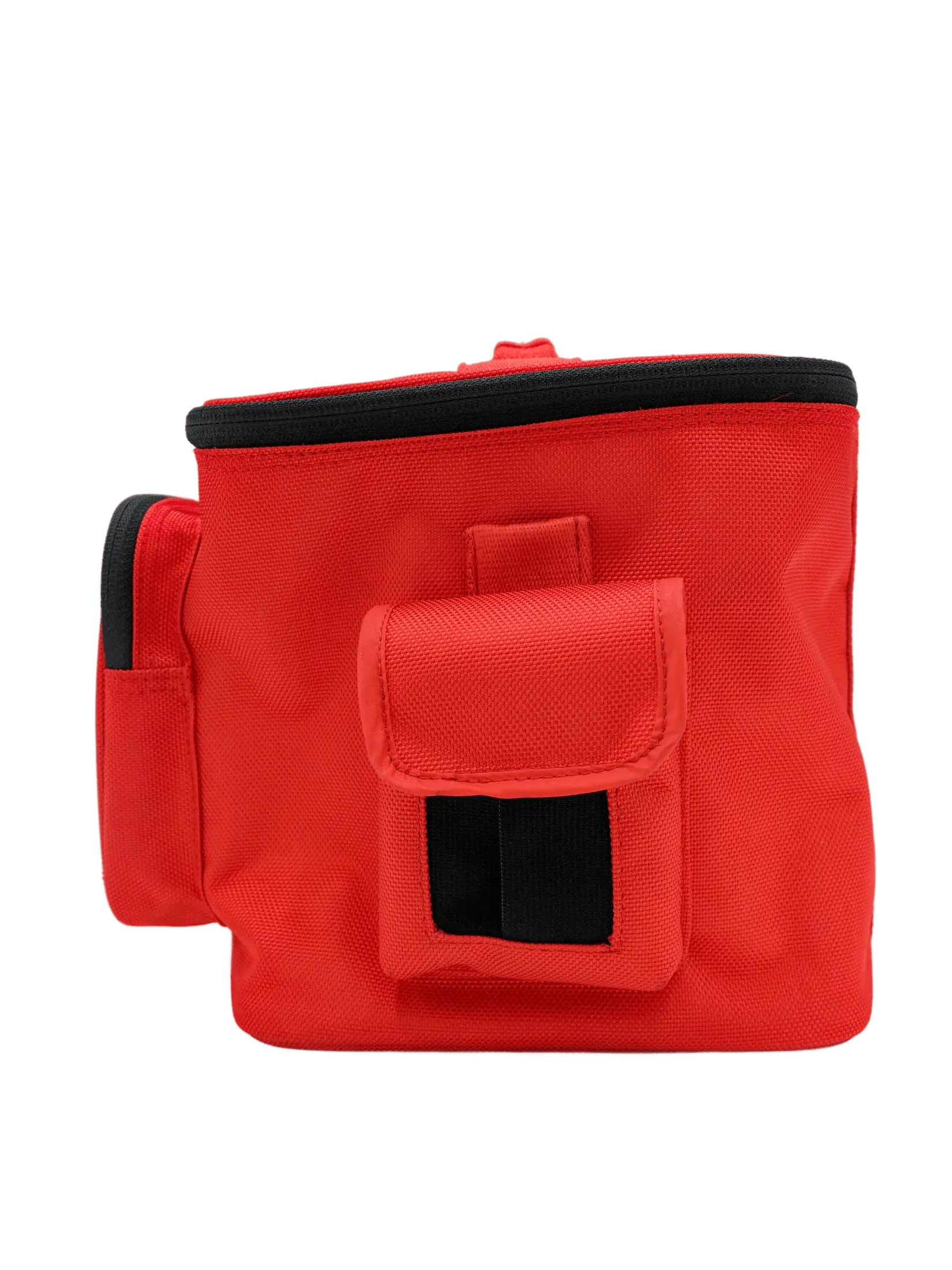 Back view of the red first aid bag with a hook-and-loop flap pocket and a narrow side storage pocket