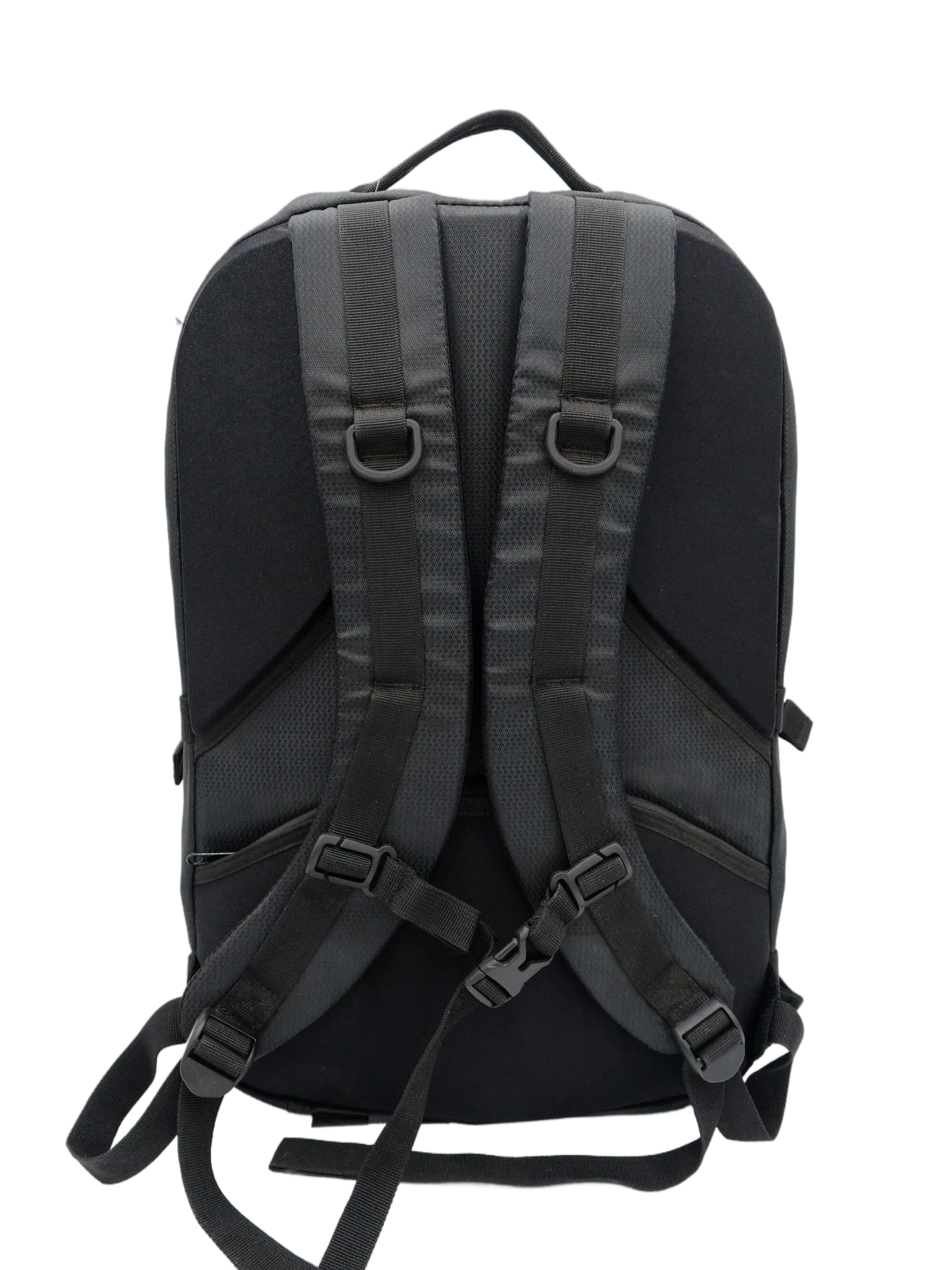 Rear view of the black tactical backpack with padded shoulder straps, D-rings, sternum strap, and waist buckles