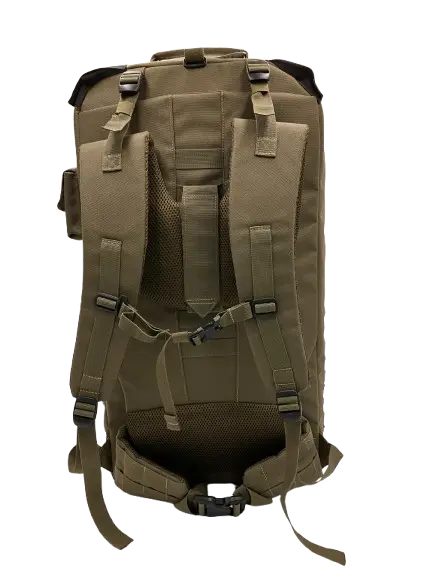 Rear view of the olive green tactical backpack displaying the padded shoulder harness, waist belt, and top buckle closures