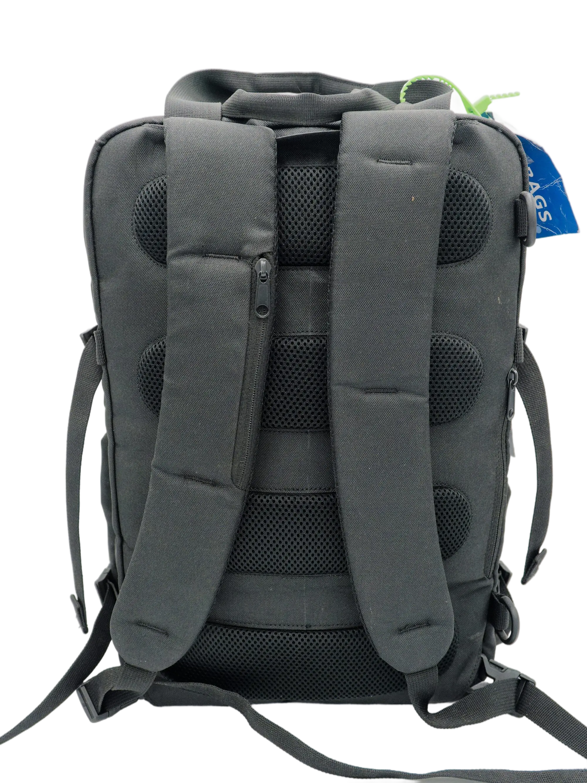 Back panel of the black nylon backpack showing padded shoulder straps and contoured mesh ventilation channels