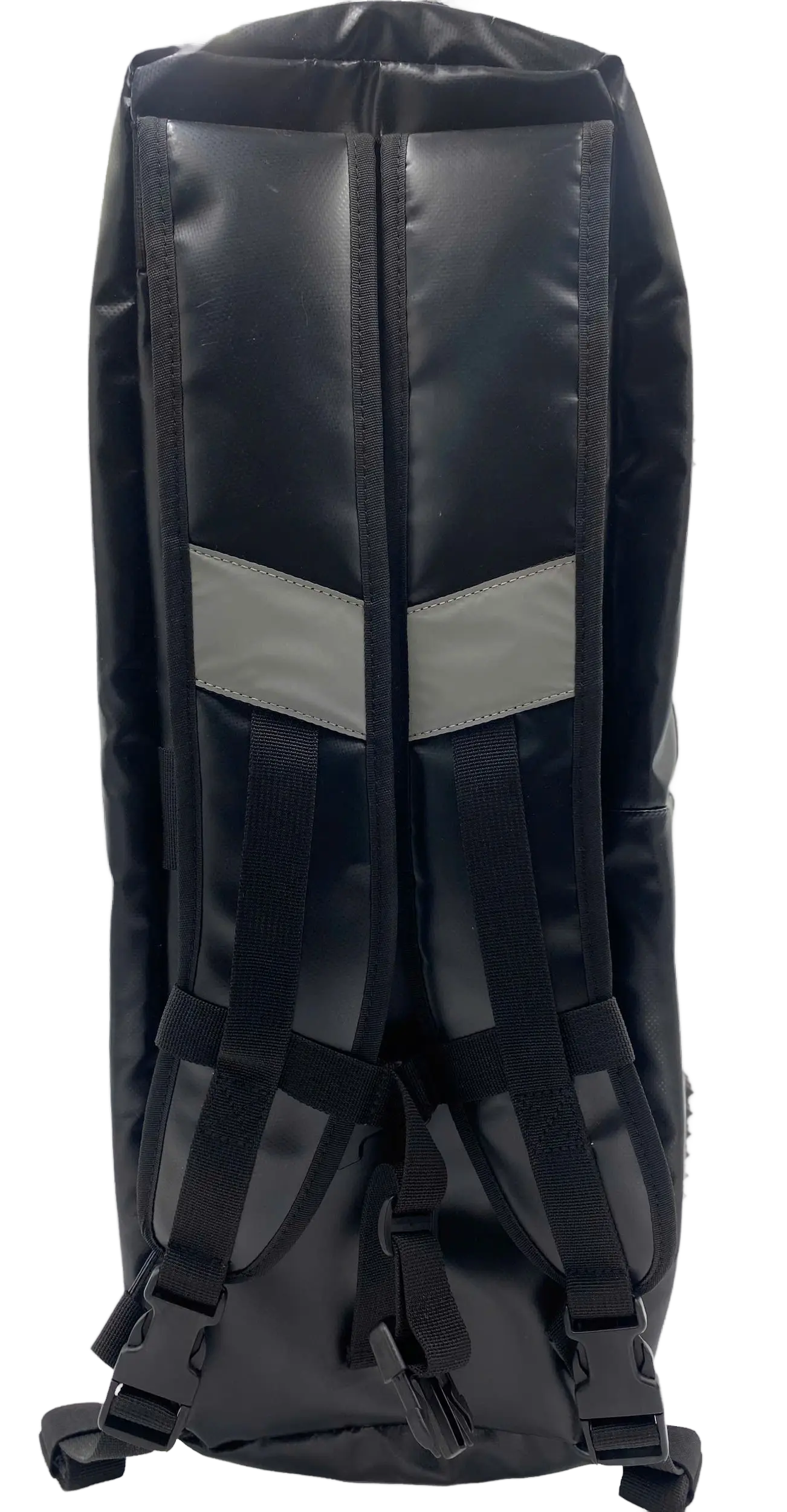 Rear view of the black oxygen cylinder backpack showing adjustable padded shoulder straps and reflective patches