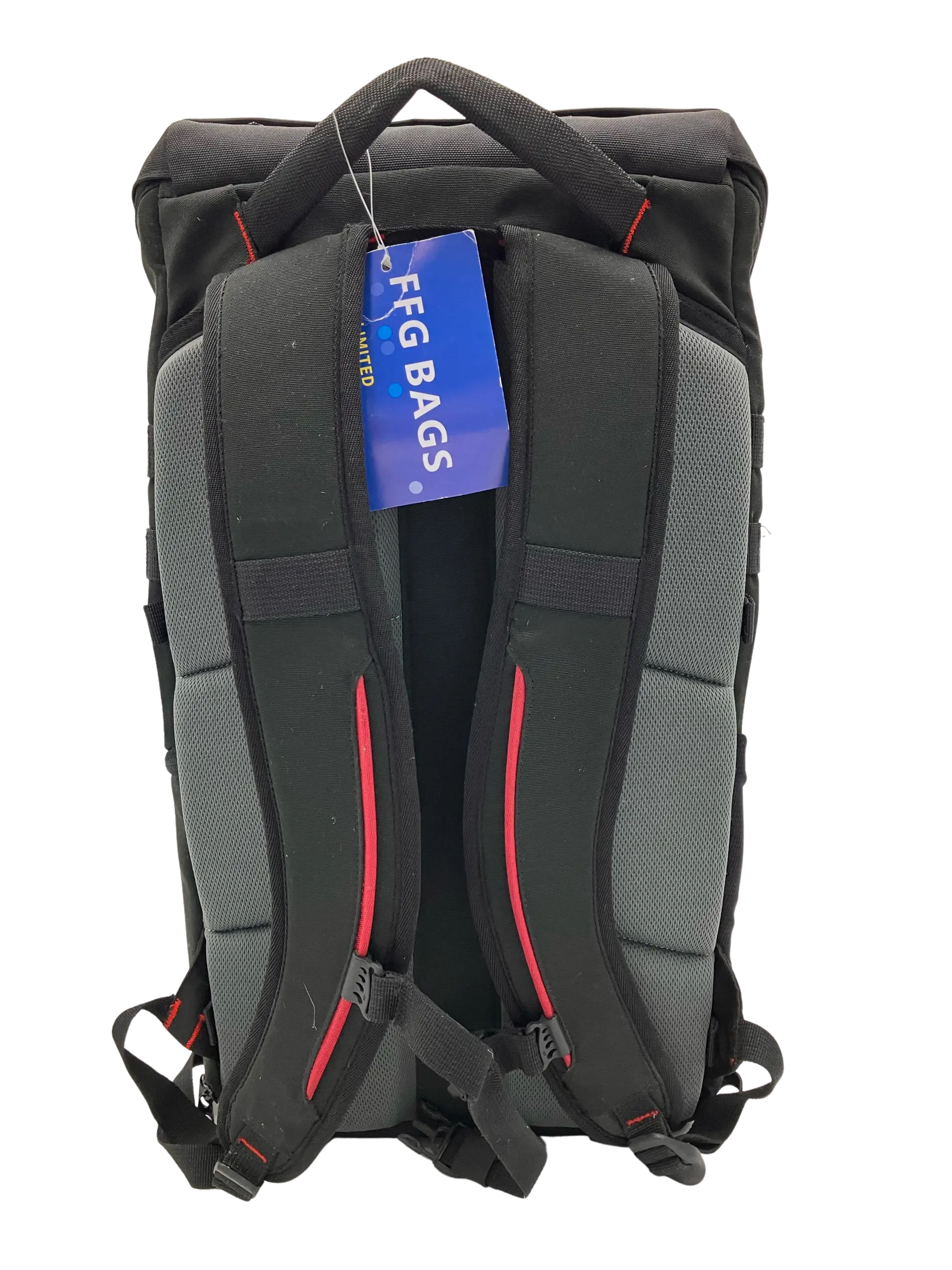 Rear view showing grey mesh back panel with red accent straps, padded shoulder straps and FFG Bags hangtag