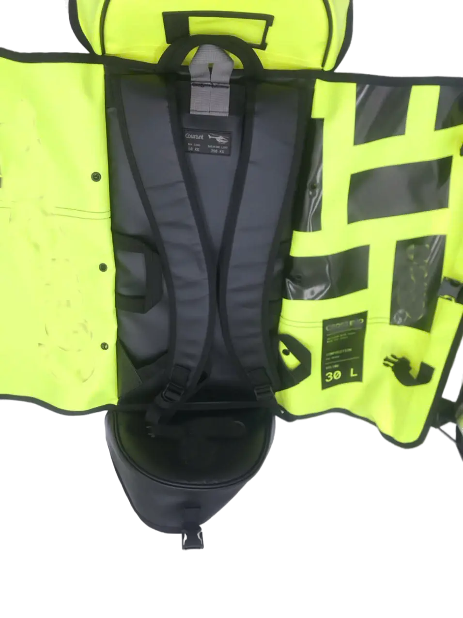 Bag fully opened flat showing yellow interior panels, mesh compartments, padded back harness, and modular storage