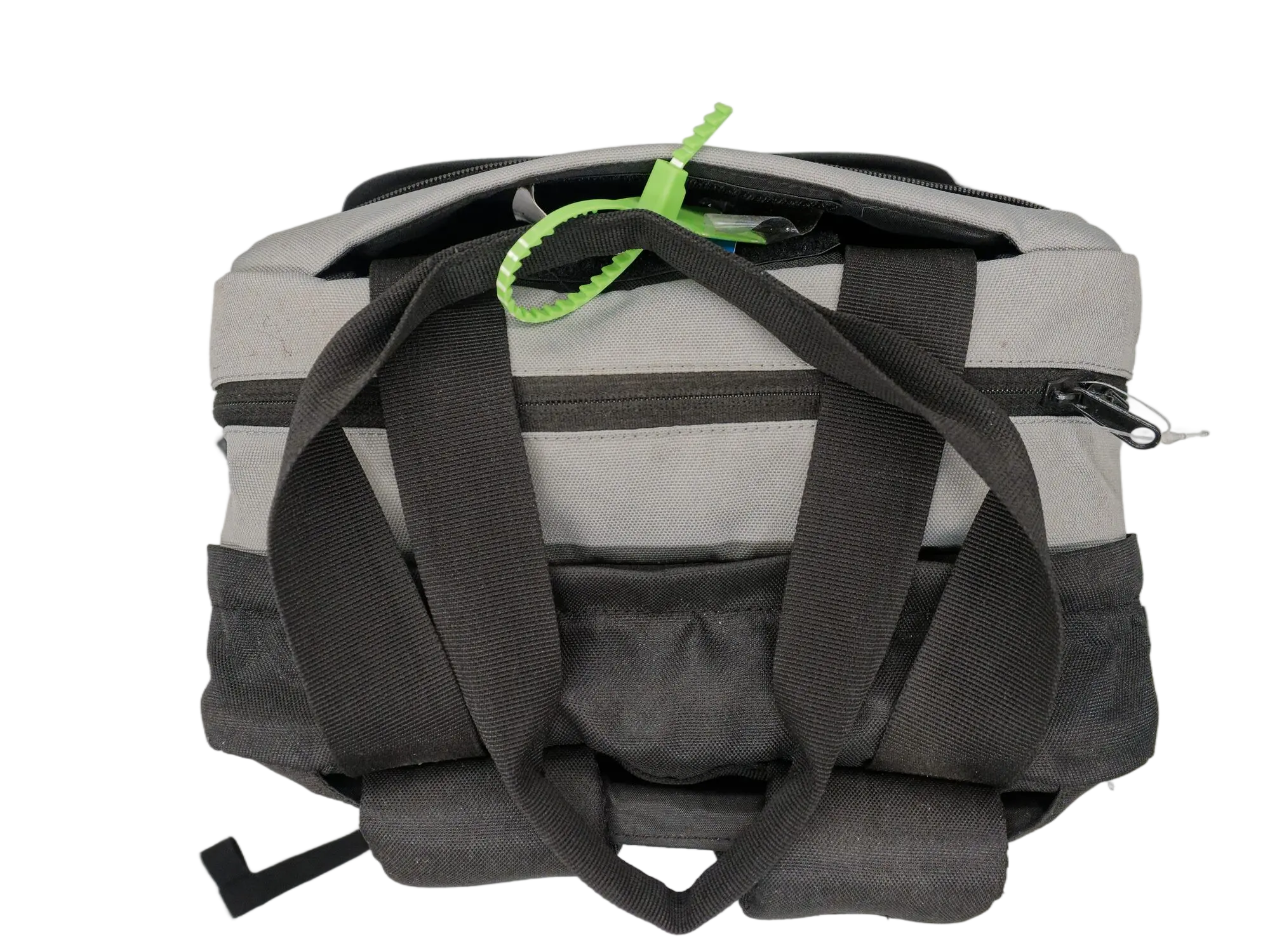 Top-down view of the backpack showing double webbing carry handles and a grey top zip panel with green zipper pull