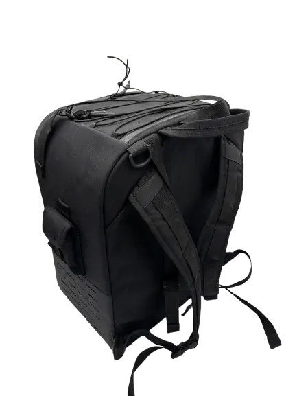 Black multi-purpose drone backpack rear view with integrated straps and compression webbing system