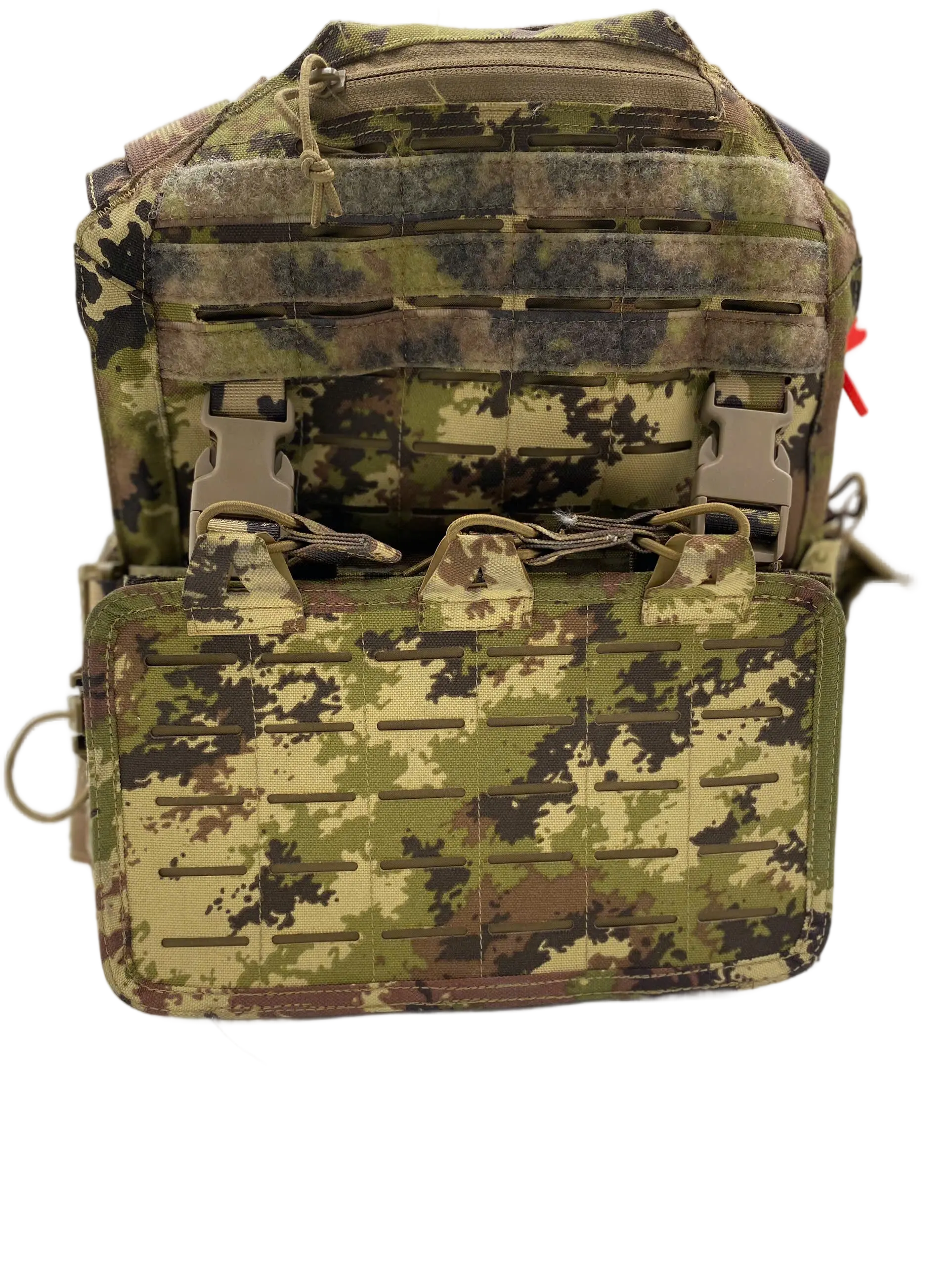 Front view of the camo plate carrier showing the front plate bag with laser-cut MOLLE rows and quick-release buckle pull tabs