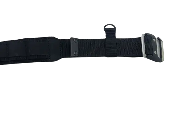 Three-quarter view of the black work belt buckle end showing the metal quick-release buckle and D-ring attachment point