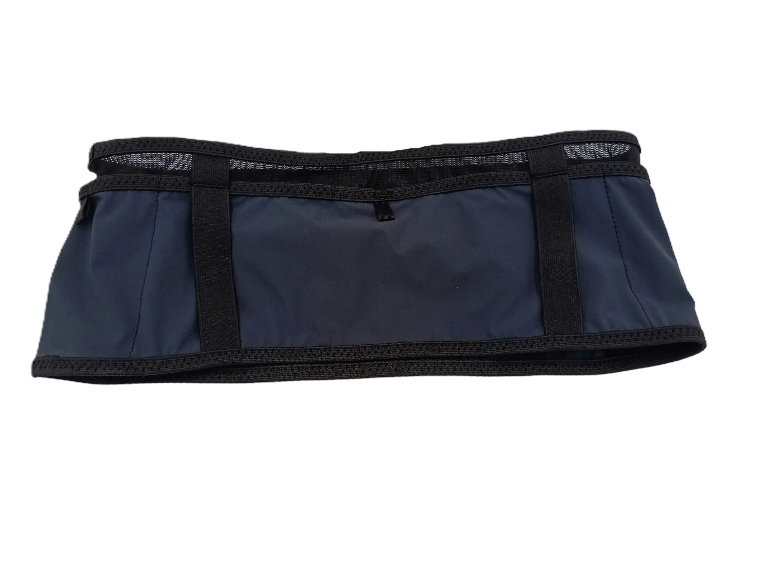 Elevated front view of the navy blue running belt with two storage zones, vertical black loop straps, and elastic binding